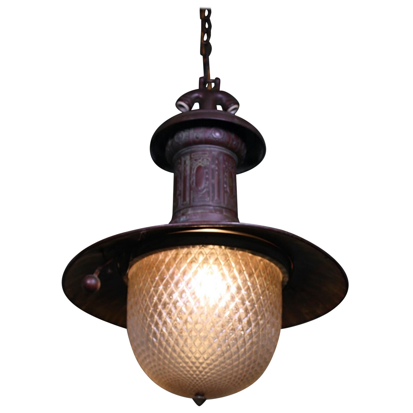 Unusual Turn of the Century Copper and Quilted Glass Gas Lantern Light