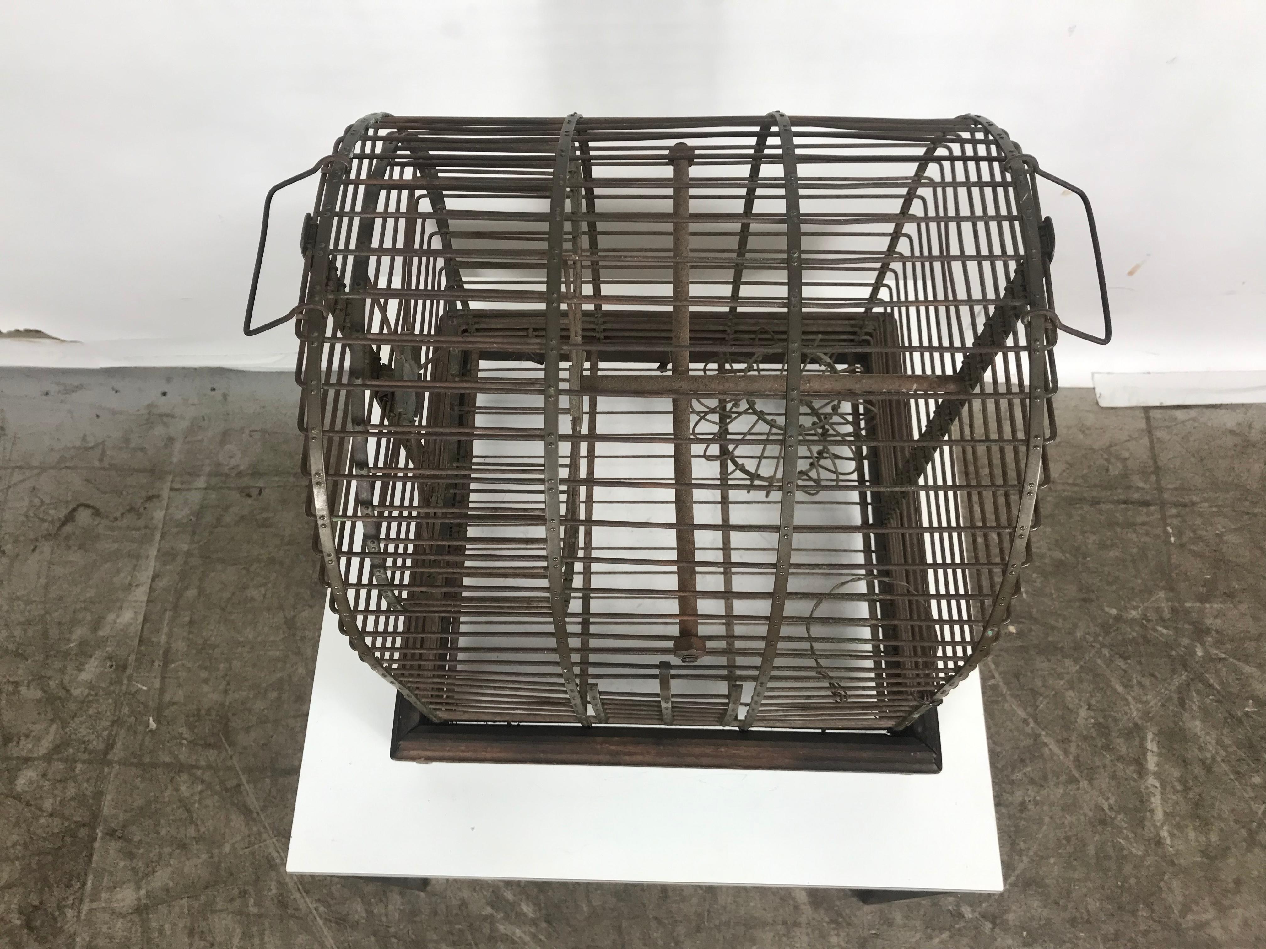 Unusual Turn of the Century Industrial Brass Small Animal Cage with Wheel For Sale 4