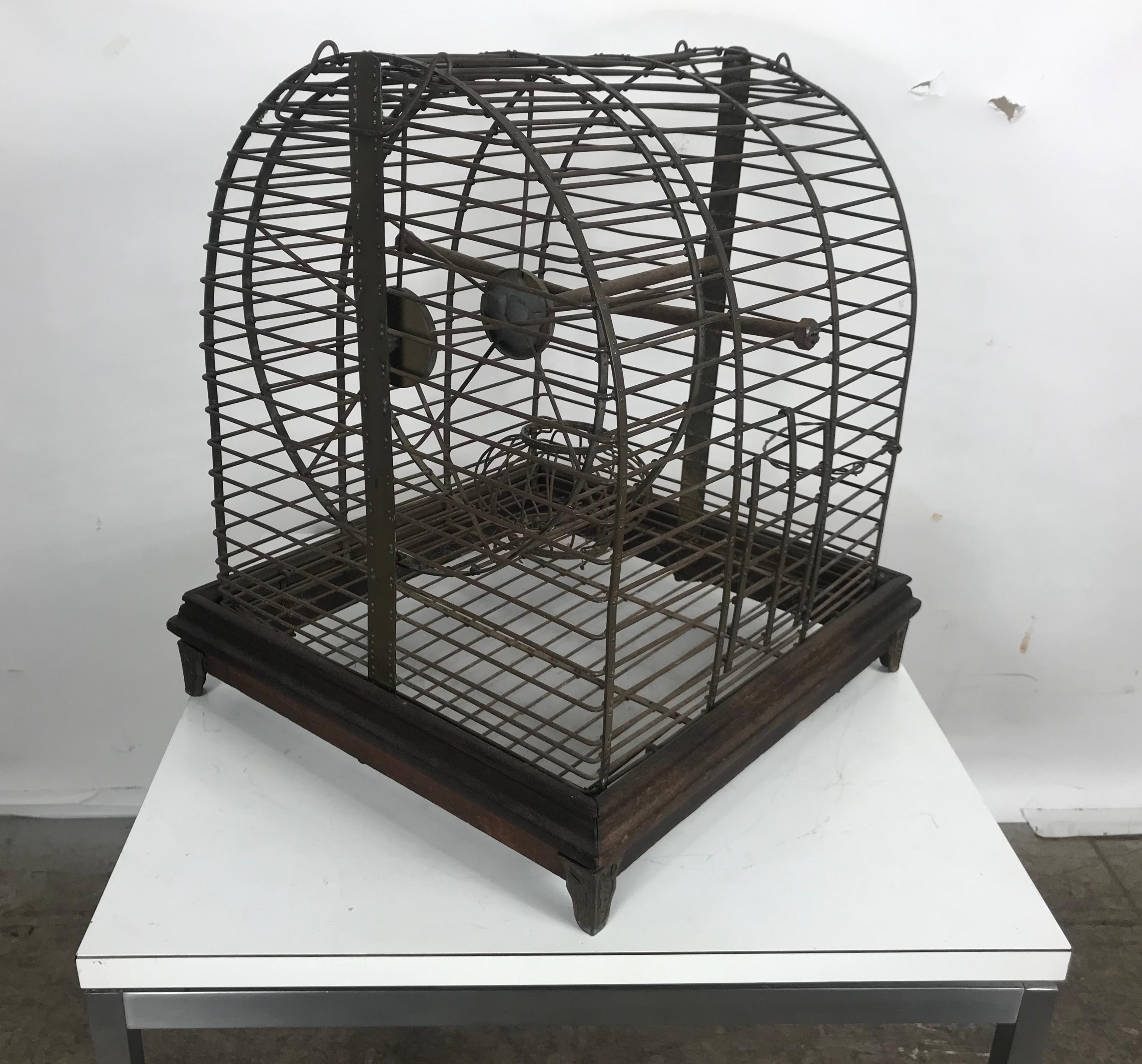 American Unusual Turn of the Century Industrial Brass Small Animal Cage with Wheel For Sale