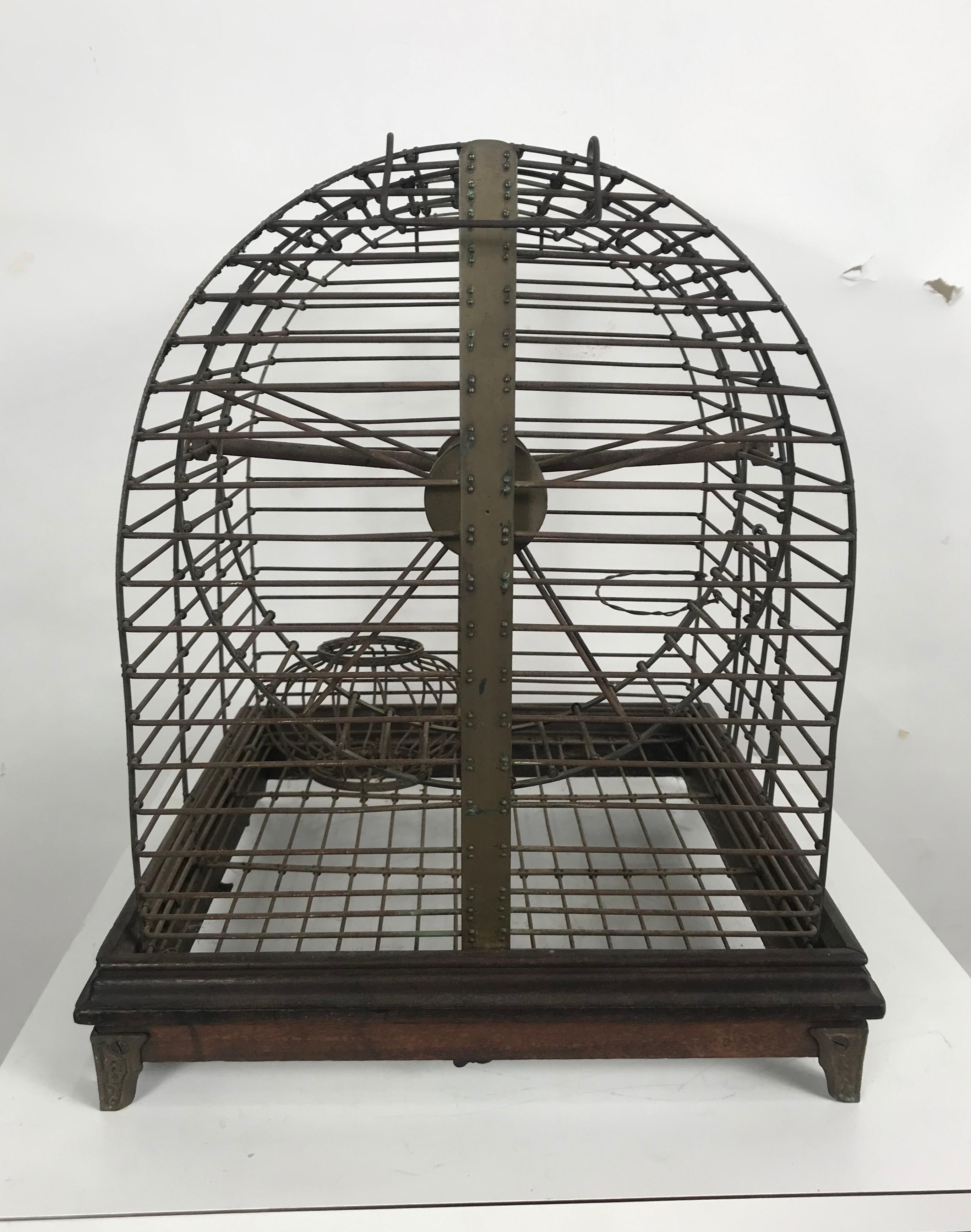 Early 20th Century Unusual Turn of the Century Industrial Brass Small Animal Cage with Wheel For Sale