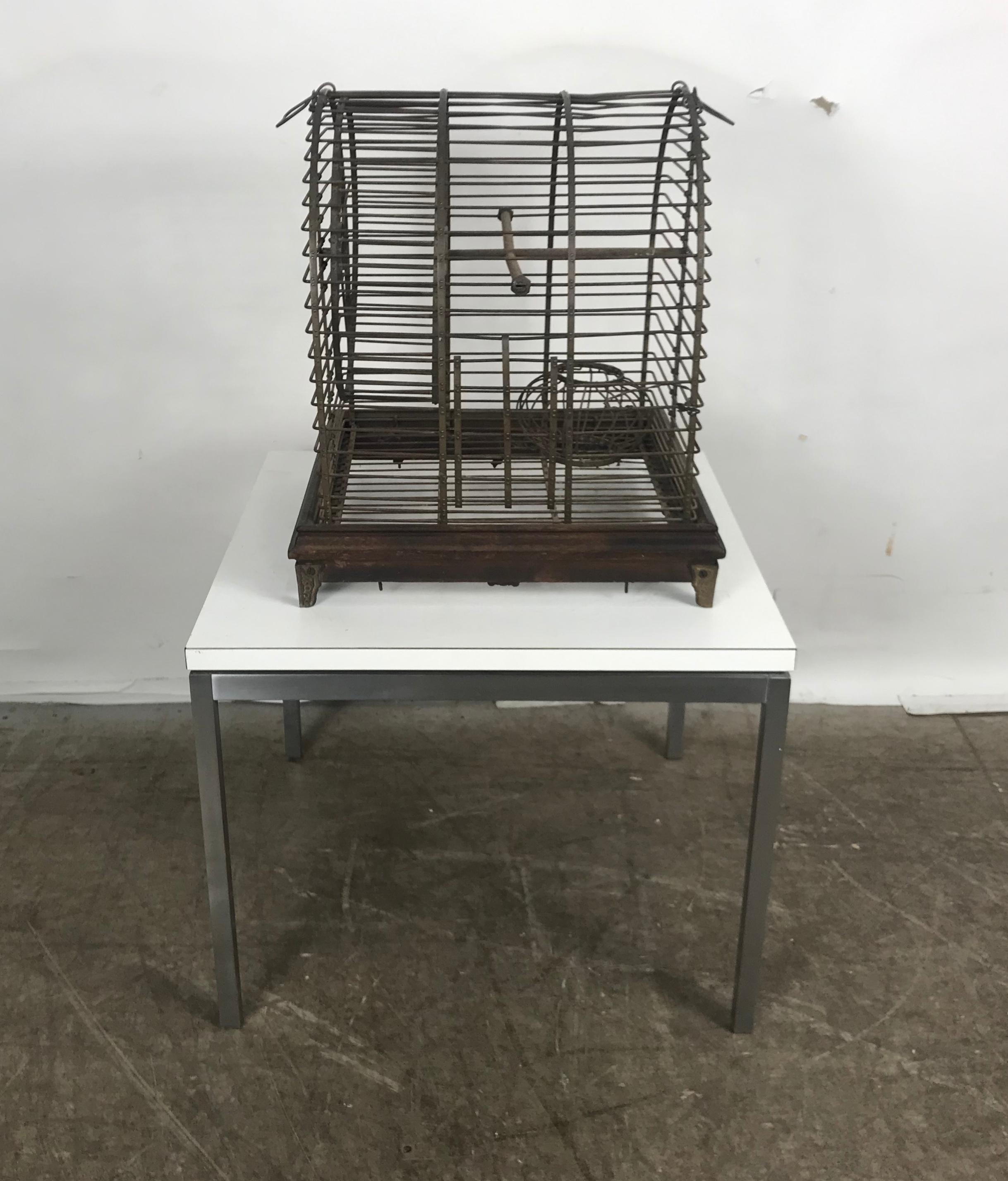 Unusual Turn of the Century Industrial Brass Small Animal Cage with Wheel For Sale 3