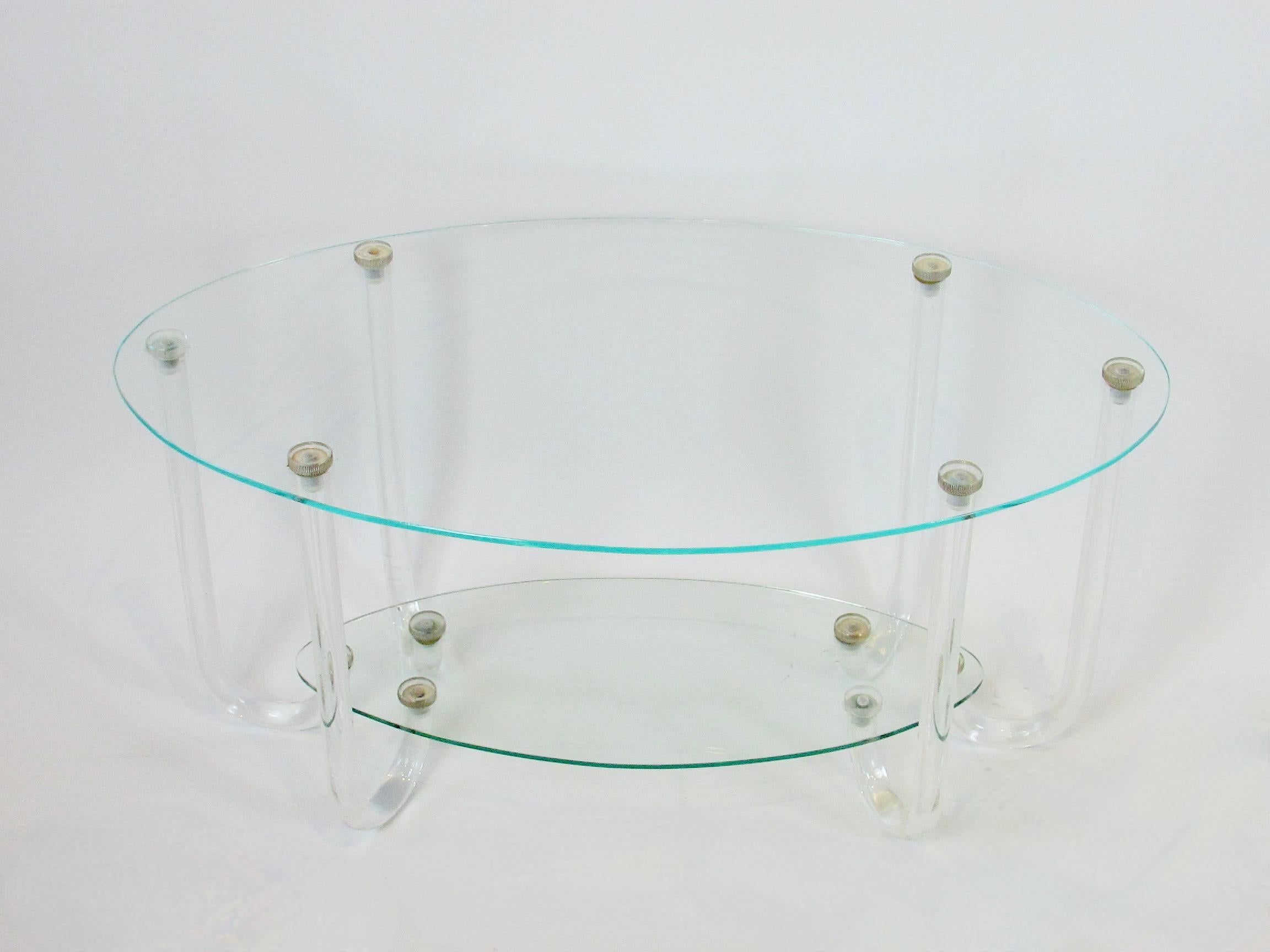 Unusual Two Tier Hollywood Regency Oval Top Table on Six Lucite Legs For Sale 4