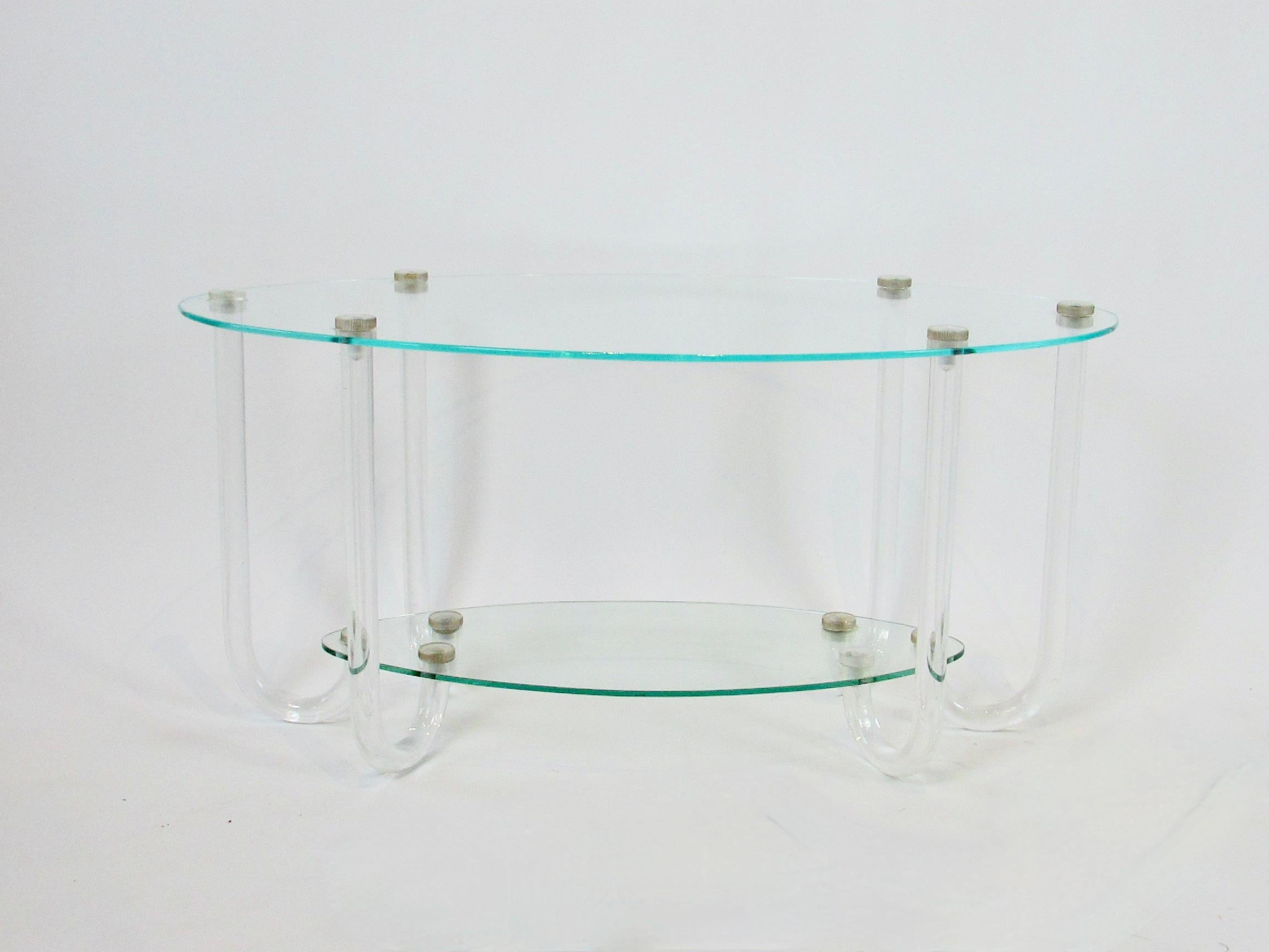 Unusual Two Tier Hollywood Regency Oval Top Table on Six Lucite Legs For Sale 2