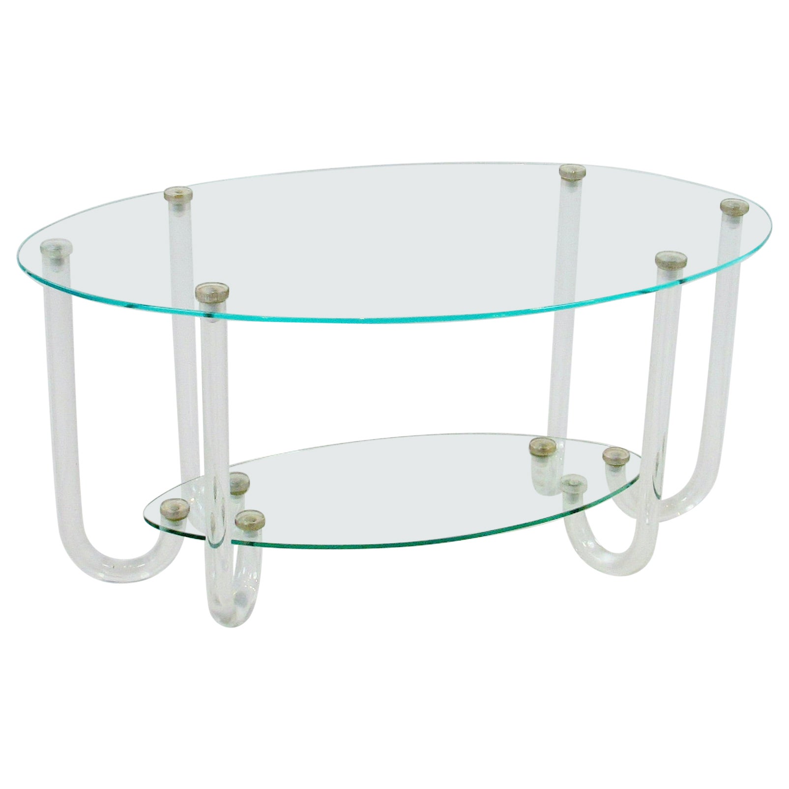 Inusual mesa ovalada de dos pisos Hollywood Regency sobre seis patas de lucita en venta