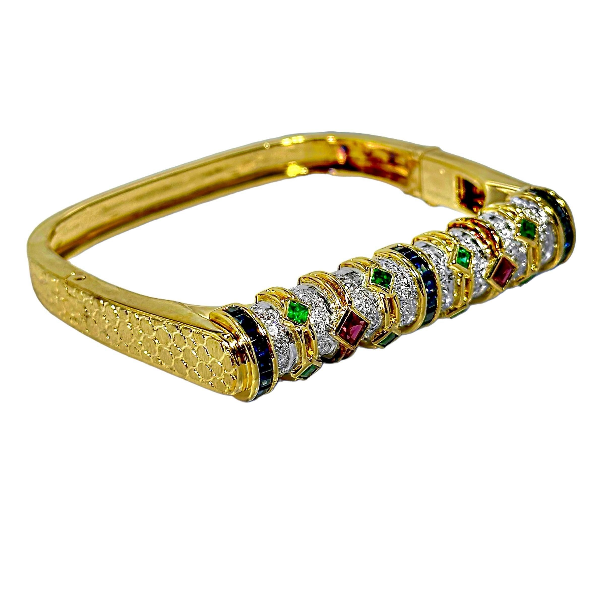 Bracelet jonc inhabituel en or jaune 18 carats en forme de U avec diamant, rubis, saphir et émeraude 4