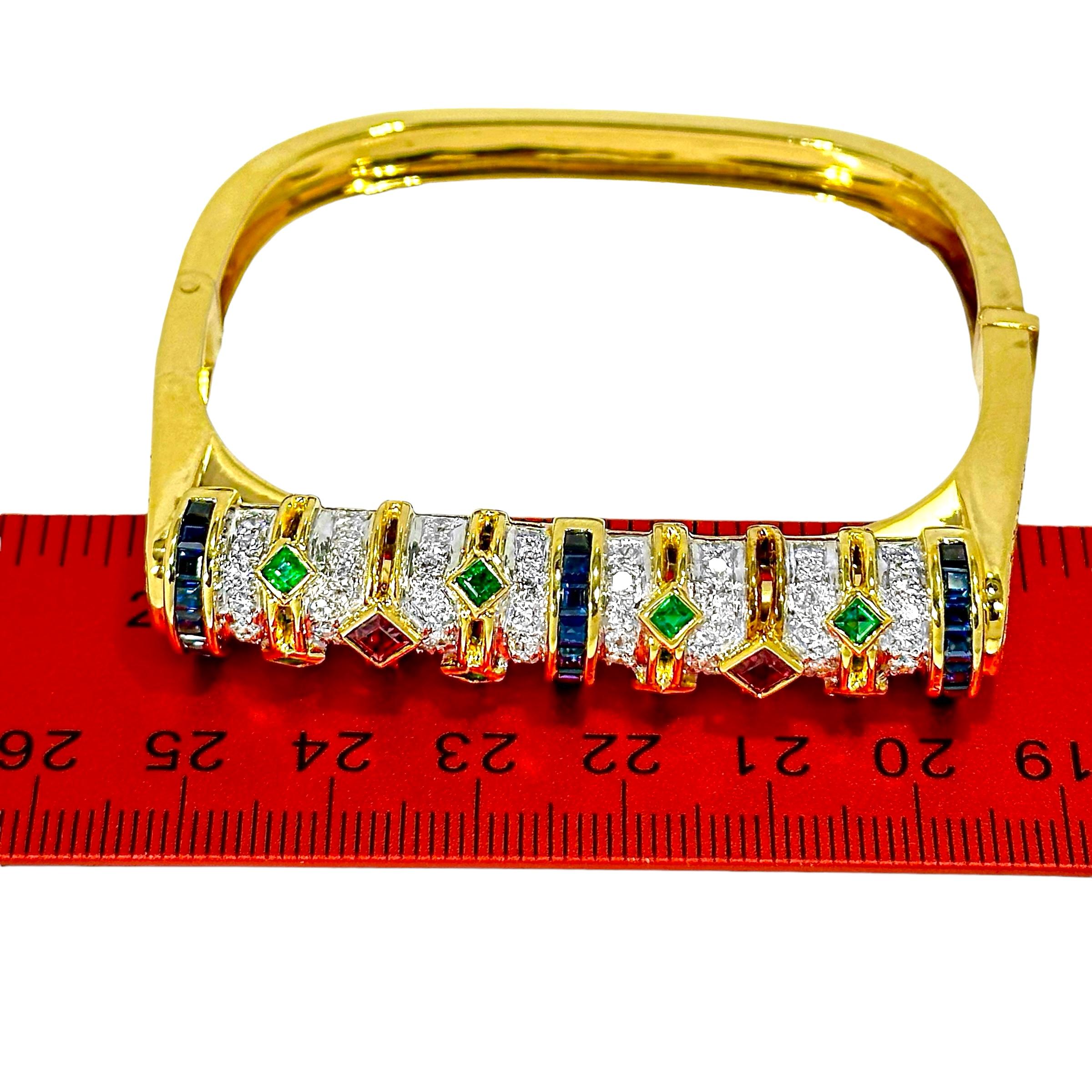 Bracelet jonc inhabituel en or jaune 18 carats en forme de U avec diamant, rubis, saphir et émeraude 6