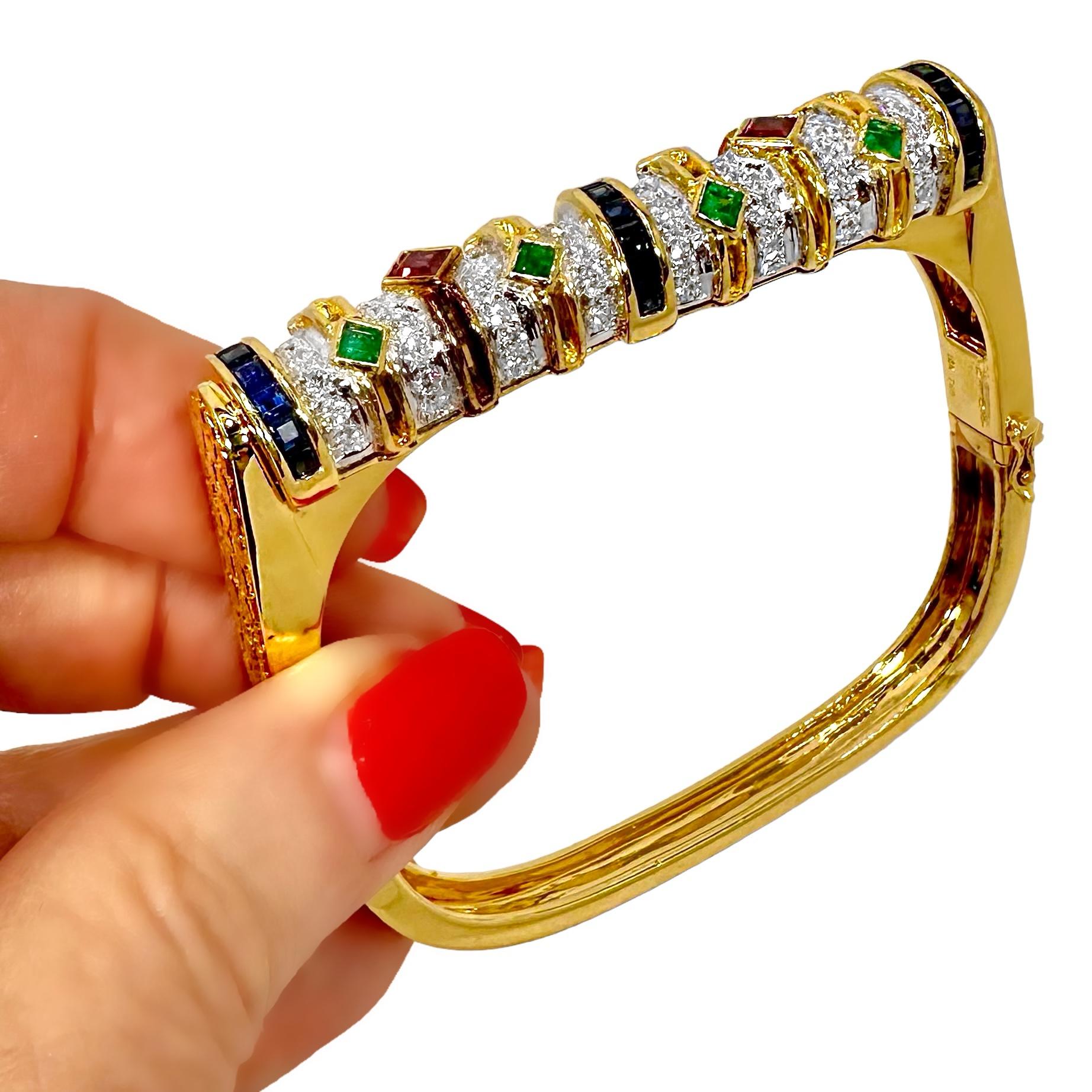 Bracelet jonc inhabituel en or jaune 18 carats en forme de U avec diamant, rubis, saphir et émeraude 8