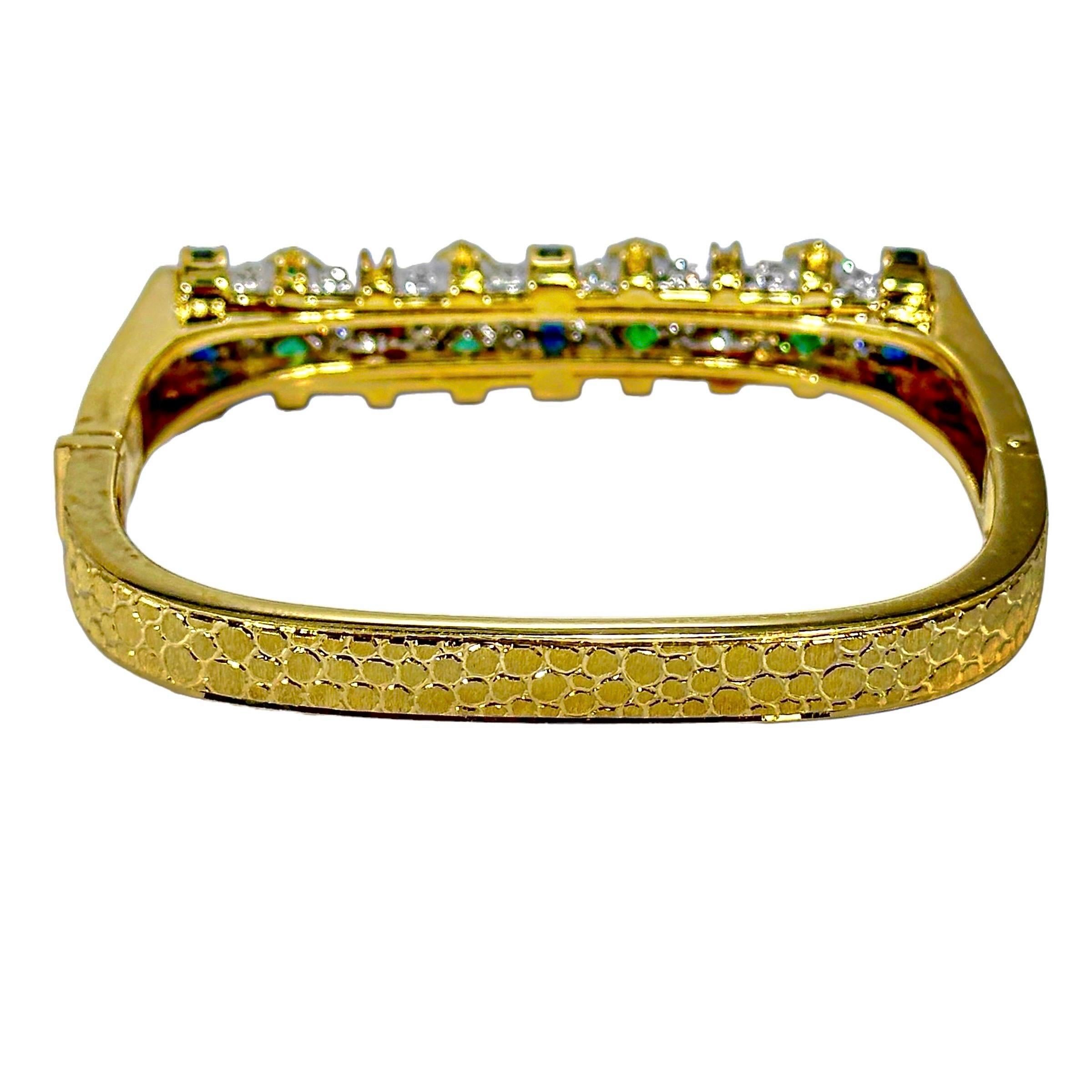 Bracelet jonc inhabituel en or jaune 18 carats en forme de U avec diamant, rubis, saphir et émeraude 1