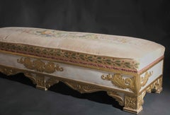 Unusual upholstered bench with relief decoration on three sides, Italy 19th
