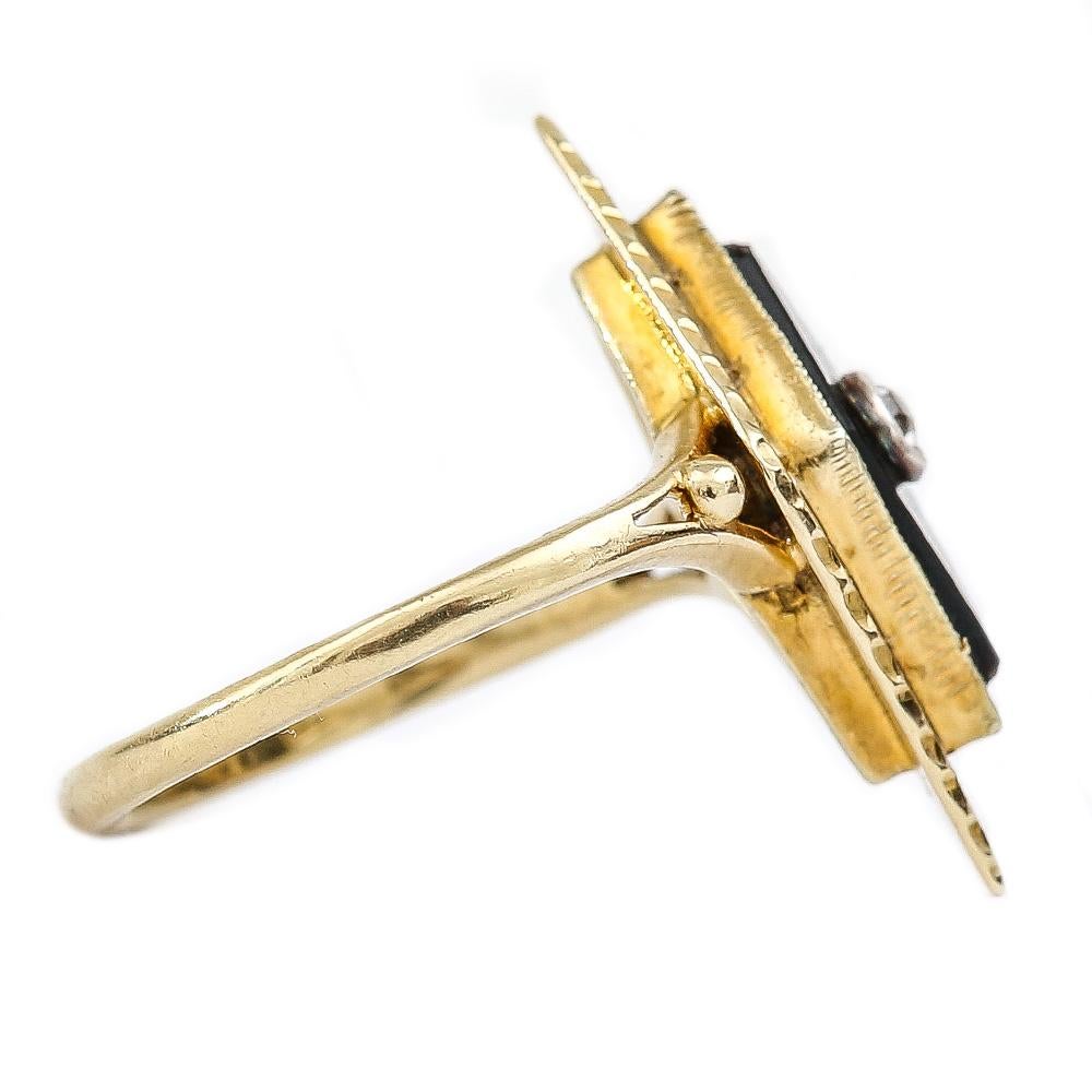 Women's or Men's Unusual Victorian 18 Karat Yellow Gold Onyx and Diamond Navette Ring, circa 1880 For Sale