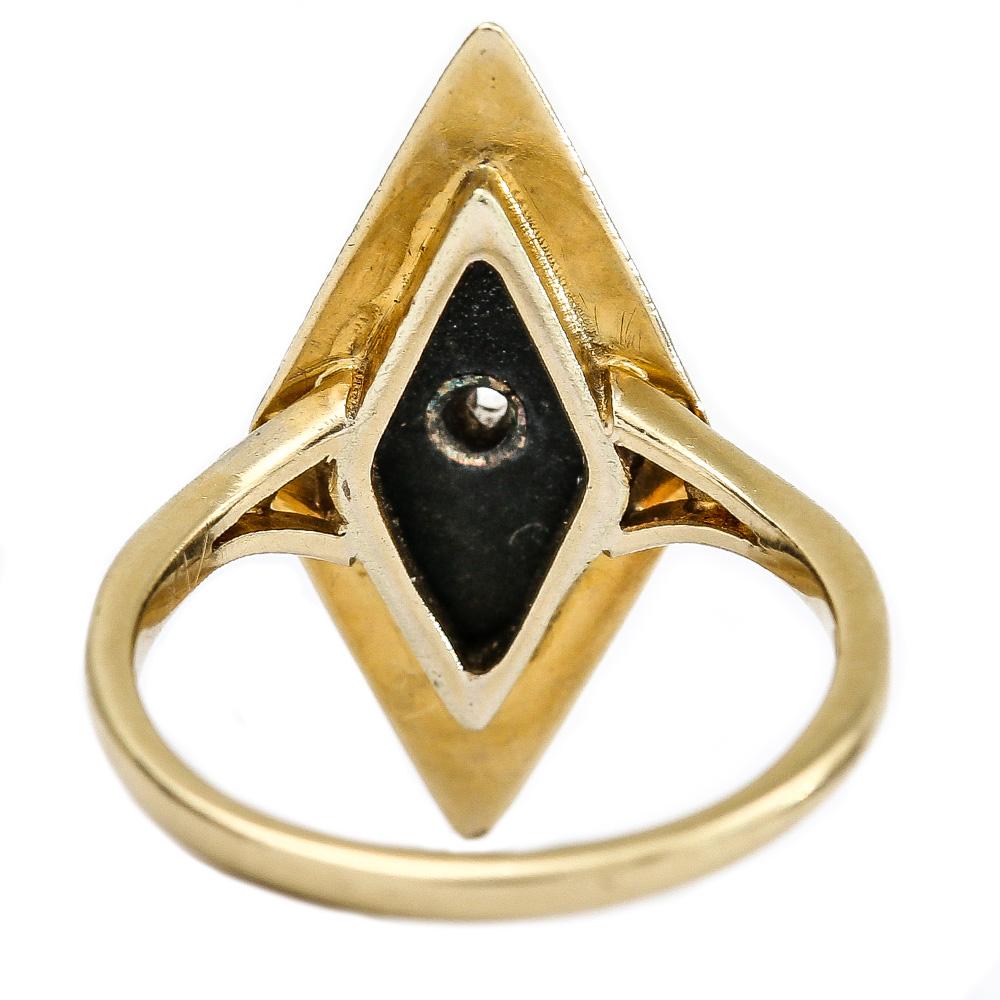 Ungewöhnlicher viktorianischer 18 Karat Gelbgold Onyx und Diamant Navette Ring, um 1880 für Damen oder Herren im Angebot