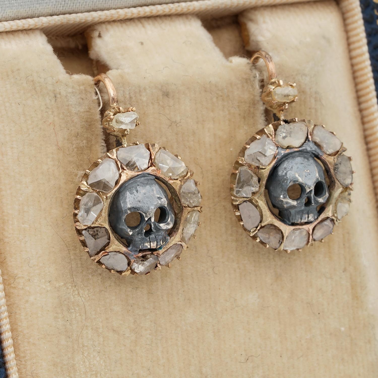 Victorian Unusual 2.30 Carat Flat Cut Diamond Memento Mori Skull Earrings