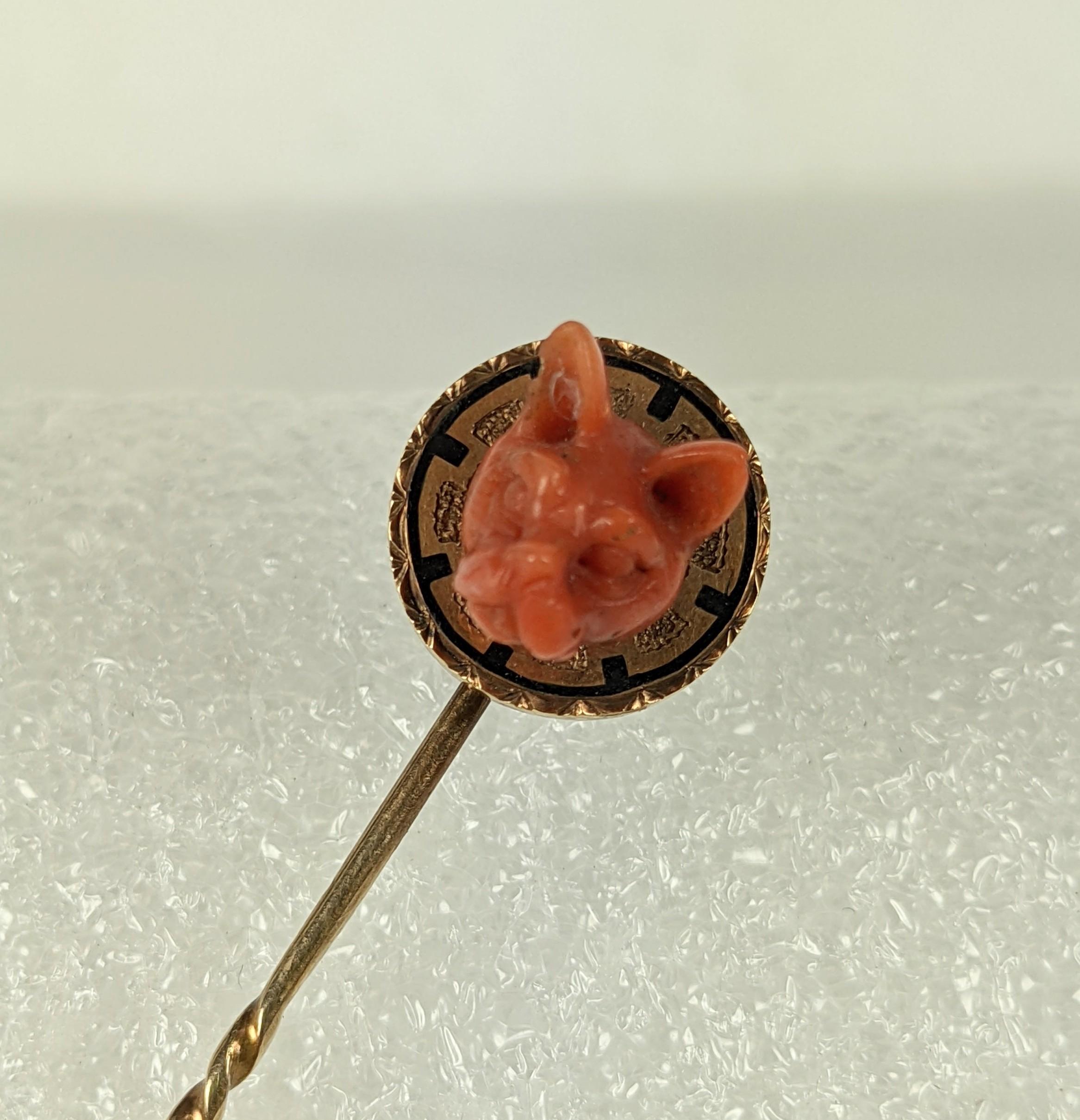 Unusual Victorian Coral Cat Stickpin In Good Condition For Sale In Riverdale, NY
