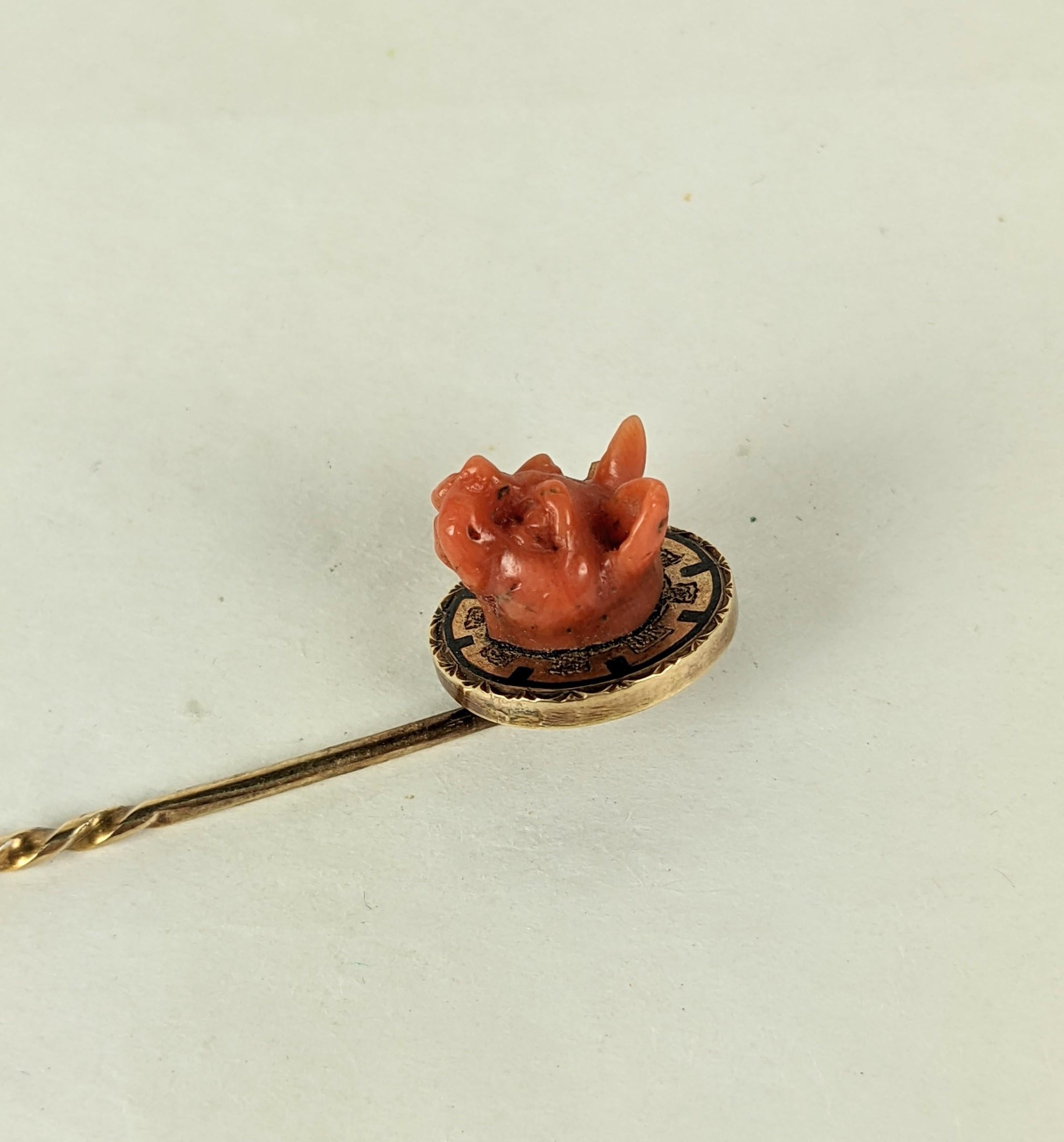 Women's or Men's Unusual Victorian Coral Cat Stickpin For Sale