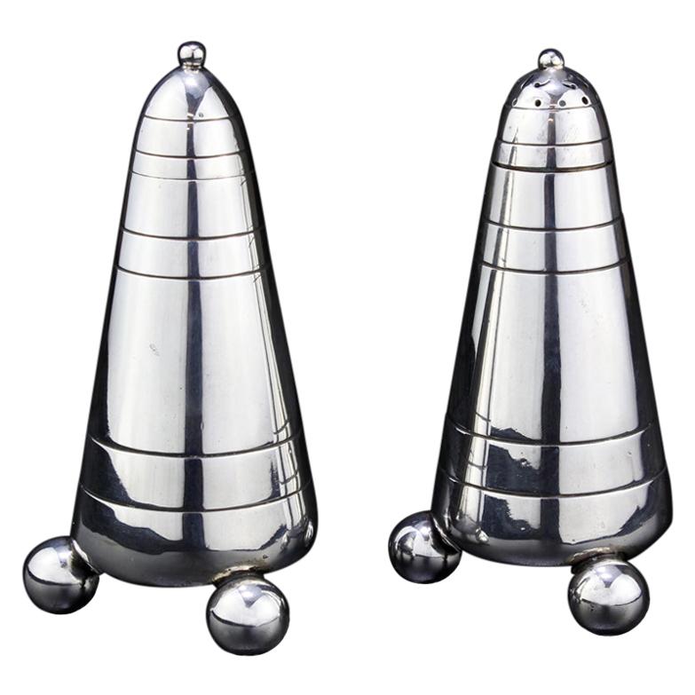 Unusual Victorian Pair of Sterling Silver Salt and Pepper Shaker & Cellar, 1874
