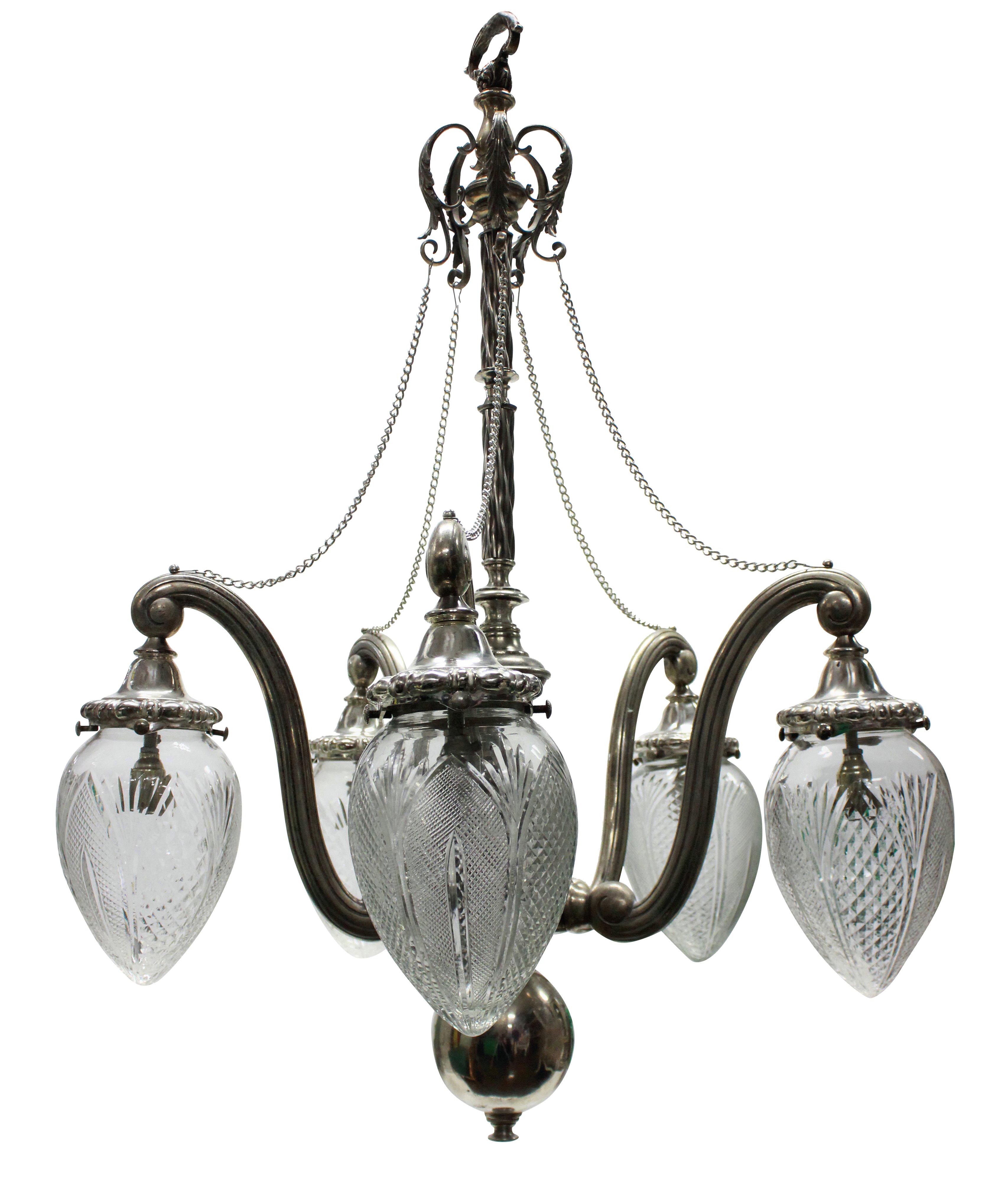 An unusual English Victorian silver plated pendant light with five branches, each holding a cut glass shade.