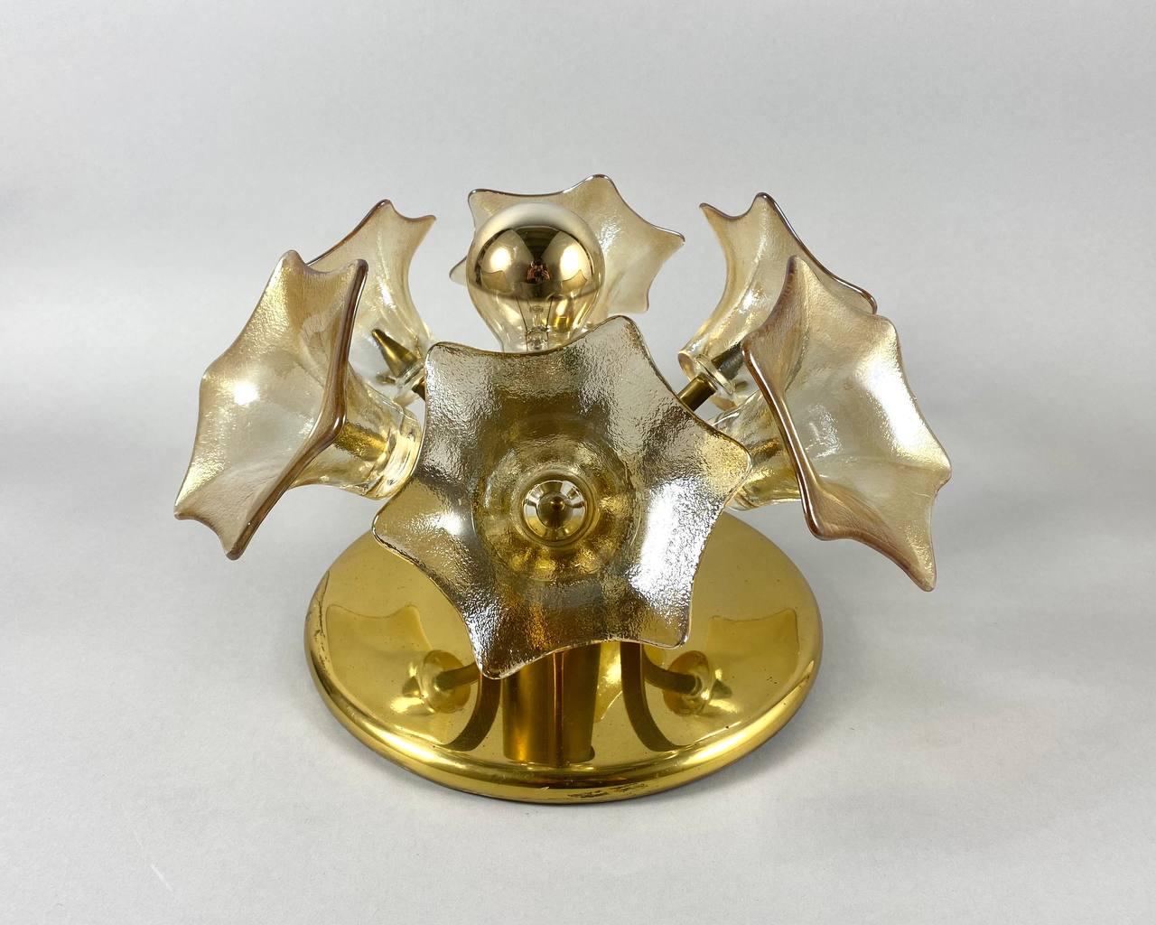 Brass ceiling lamp with Murano glass flowers by Simon & Schelle for Sische, 1970s
 
Elegant vintage ceiling lamp with brass base.

The ceiling lamp has one light point in the middle surrounded by 6 decorative glass flowers.

 A beautiful lamp