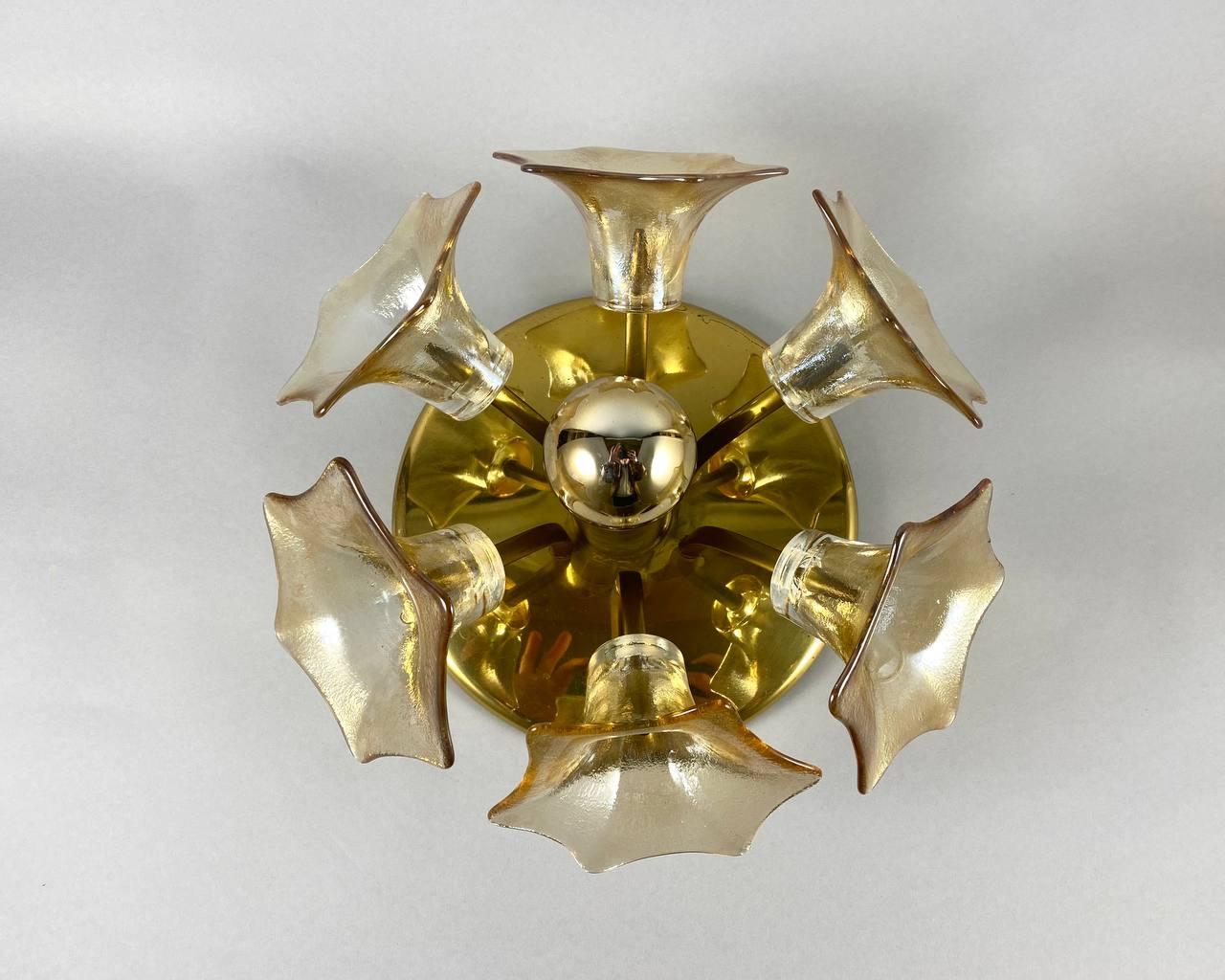 Mid-Century Modern Unusual Vintage Ceiling or Wall Chandelier by Sische Murano Glass and Brass For Sale