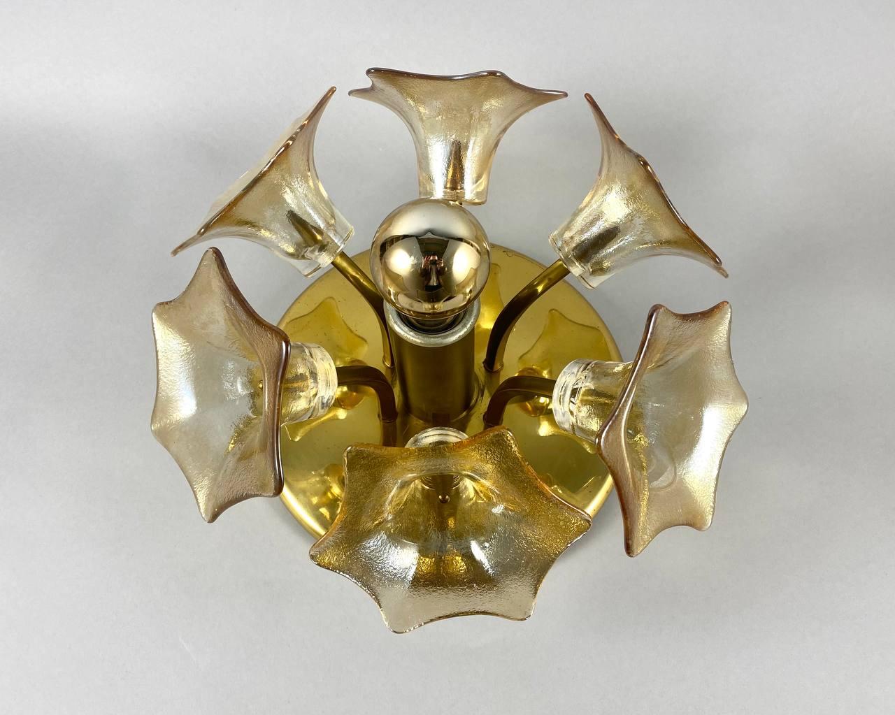 German Unusual Vintage Ceiling or Wall Chandelier by Sische Murano Glass and Brass For Sale