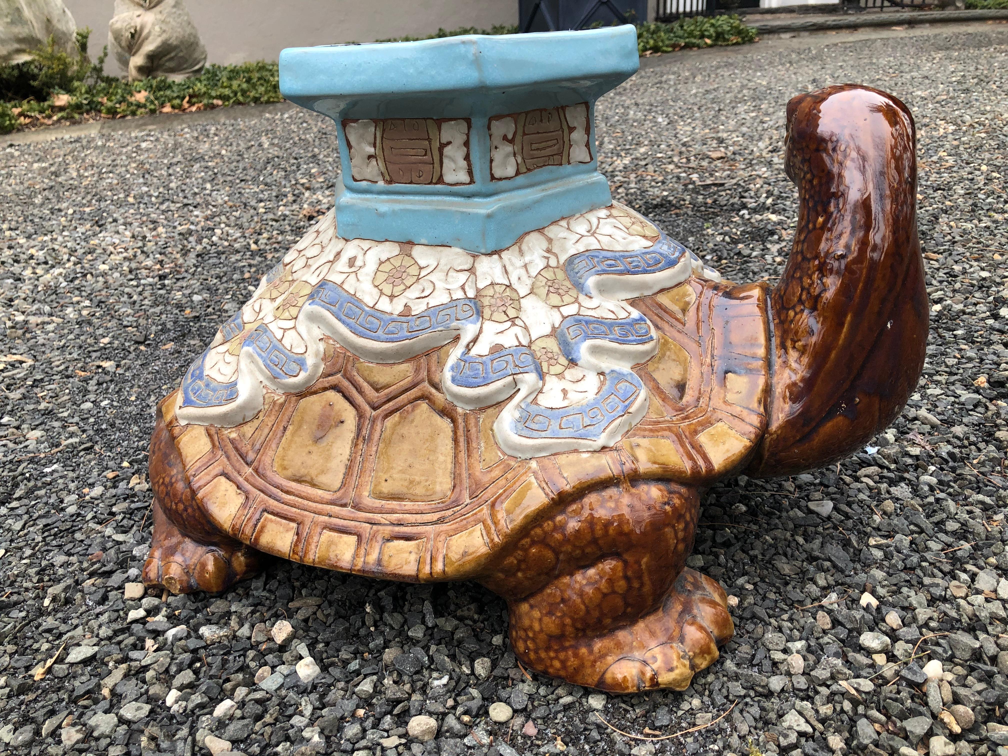 Unusual Vintage Ceramic Turtle Garden Seat End Table In Good Condition In Hopewell, NJ