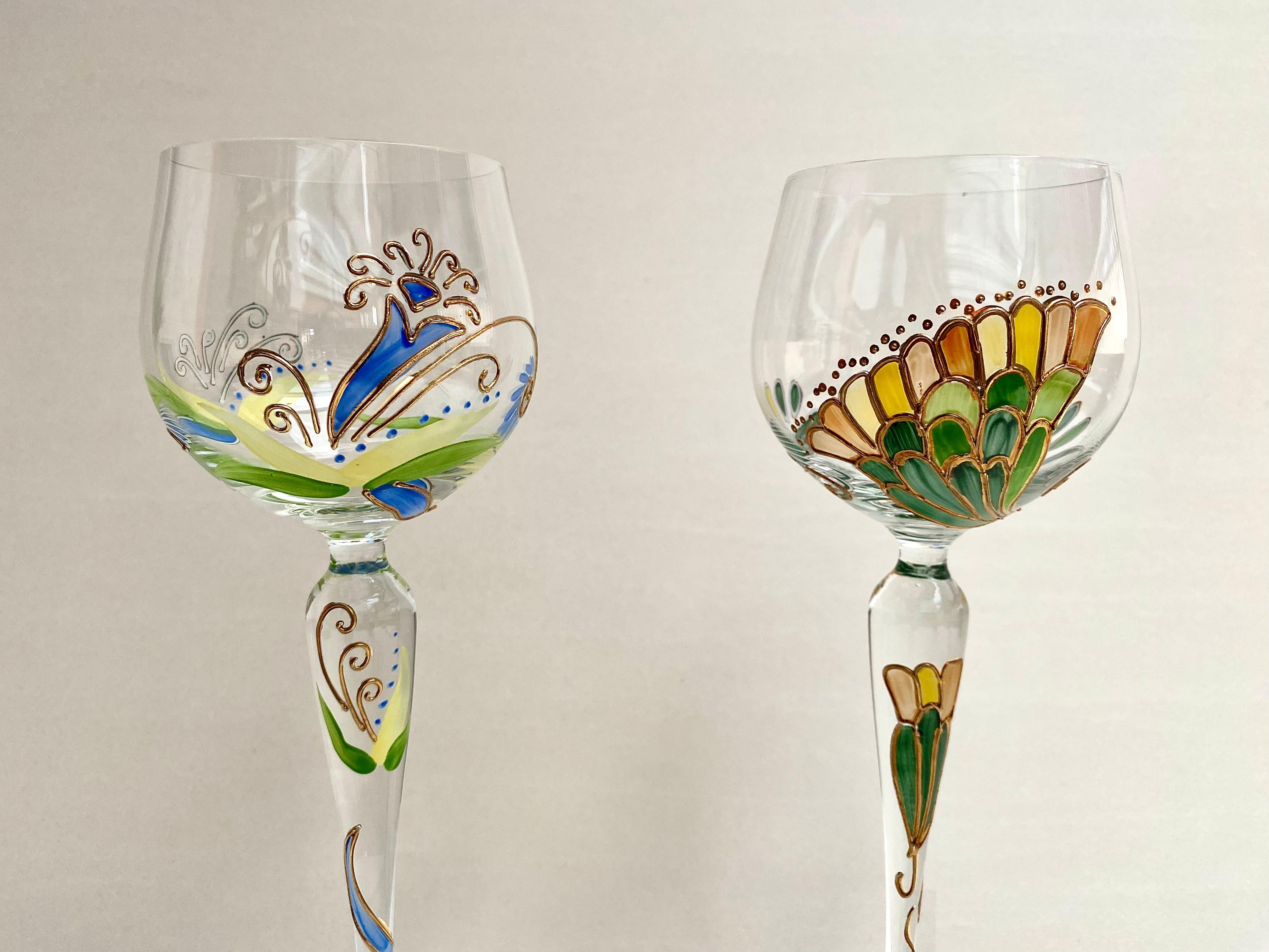 Unusual Vintage Crystal Goblets “Romantic Poetry”by Nagel, Germany, 1980s, Set 2 In Excellent Condition In Bastogne, BE