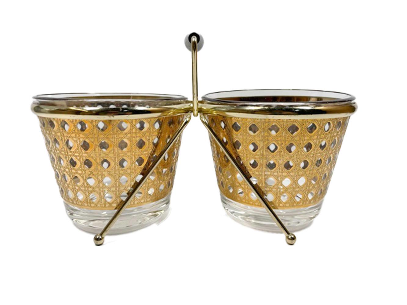 American Unusual Vintage Culver Double Ice Bowls in the Canella Pattern with Metal Caddy