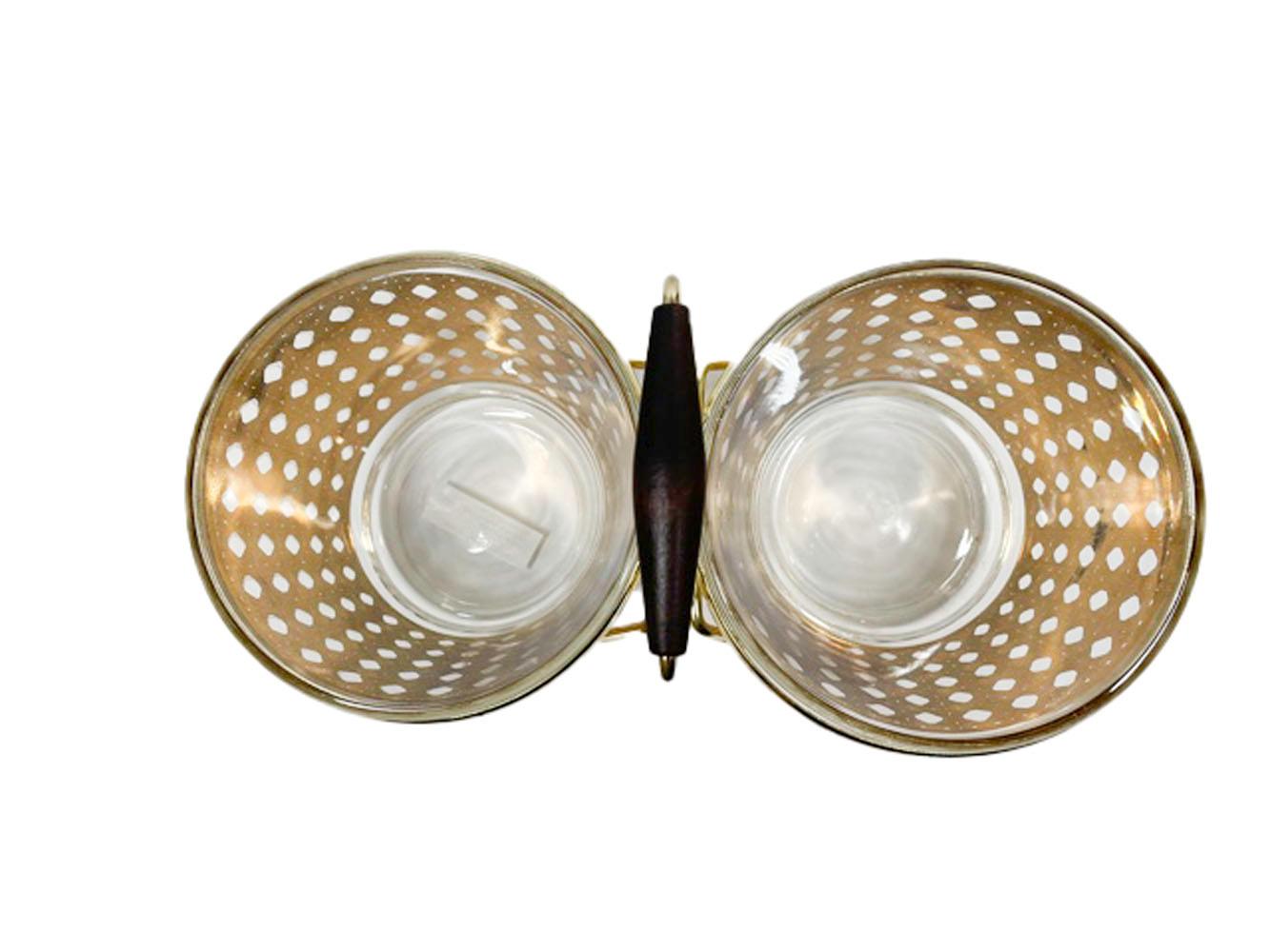 20th Century Unusual Vintage Culver Double Ice Bowls in the Canella Pattern with Metal Caddy