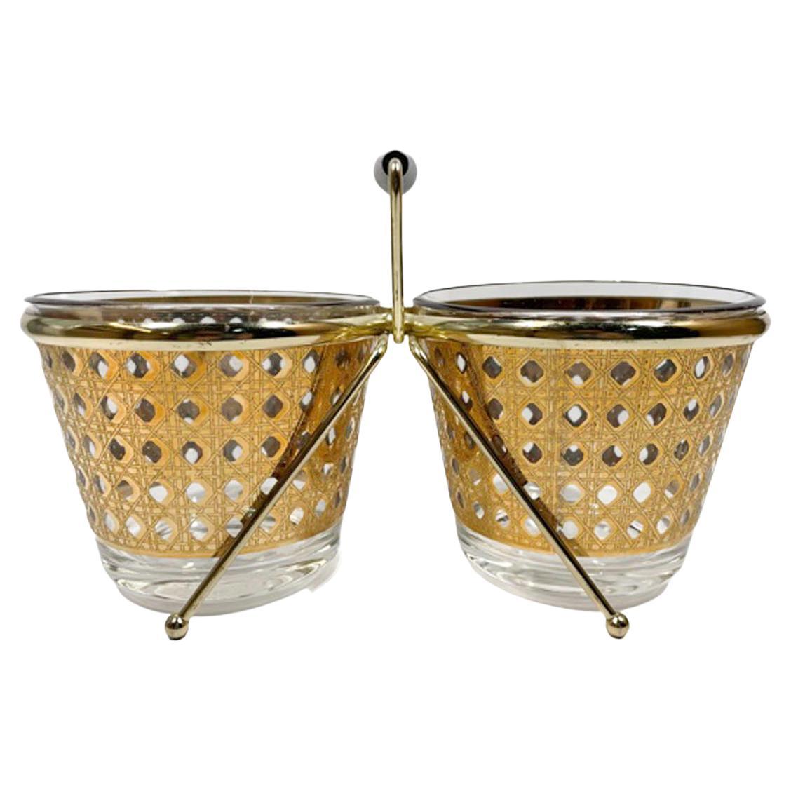 Unusual Vintage Culver Double Ice Bowls in the Canella Pattern with Metal Caddy