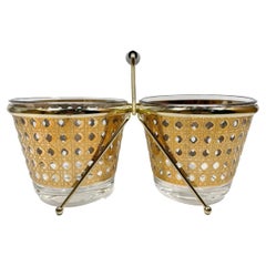 Unusual Vintage Culver Double Ice Bowls in the Canella Pattern with Metal Caddy