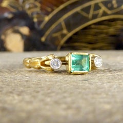 Unusual Vintage Emerald and Diamond Three Stone Ring in 18ct Yellow Gold