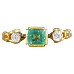 Unusual Vintage Emerald and Diamond Three Stone Ring in 18ct Yellow Gold