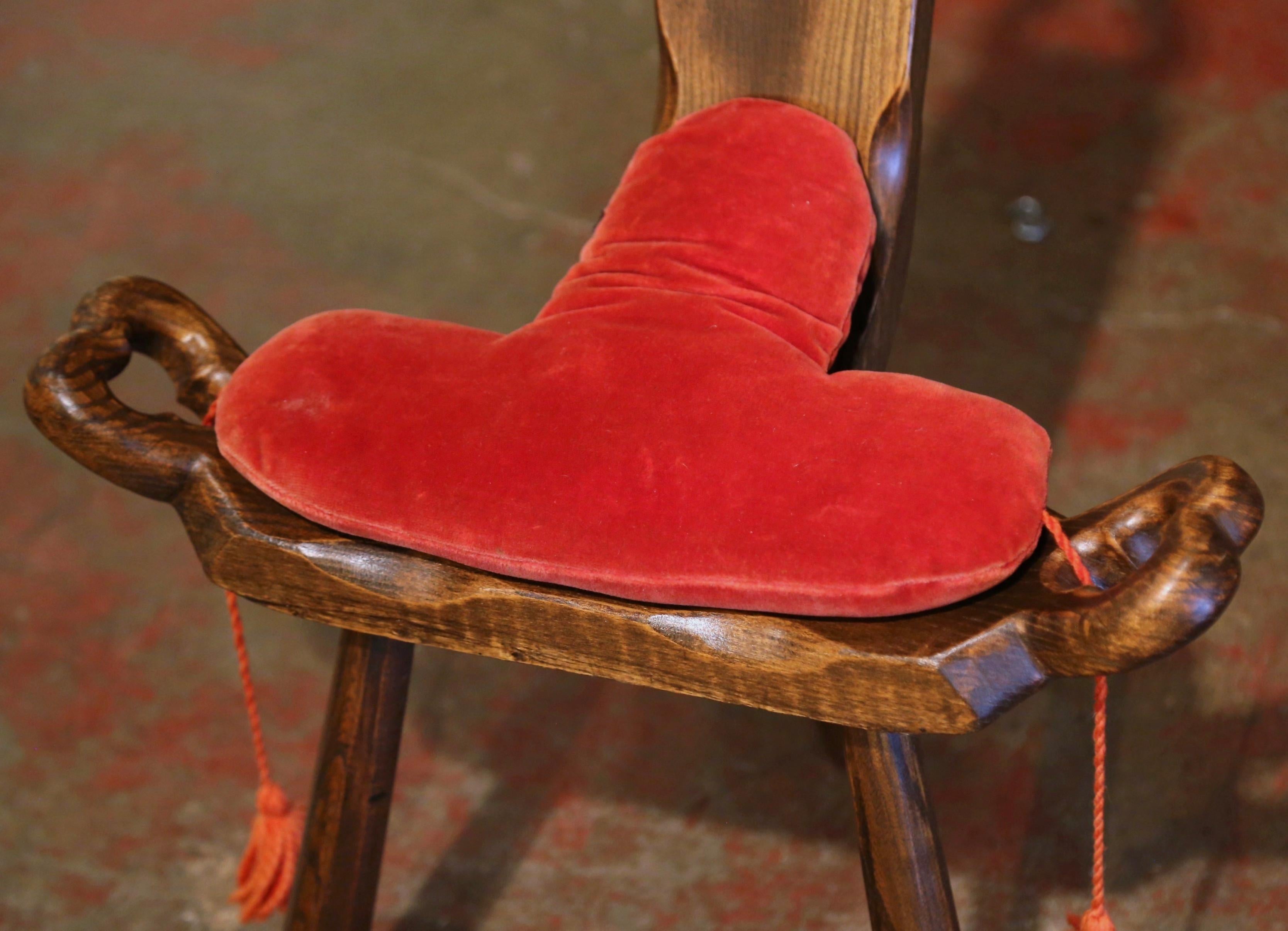 Unusual vintage French Carved Oak Stool with Back and Custom Velvet Cushion In Excellent Condition For Sale In Dallas, TX