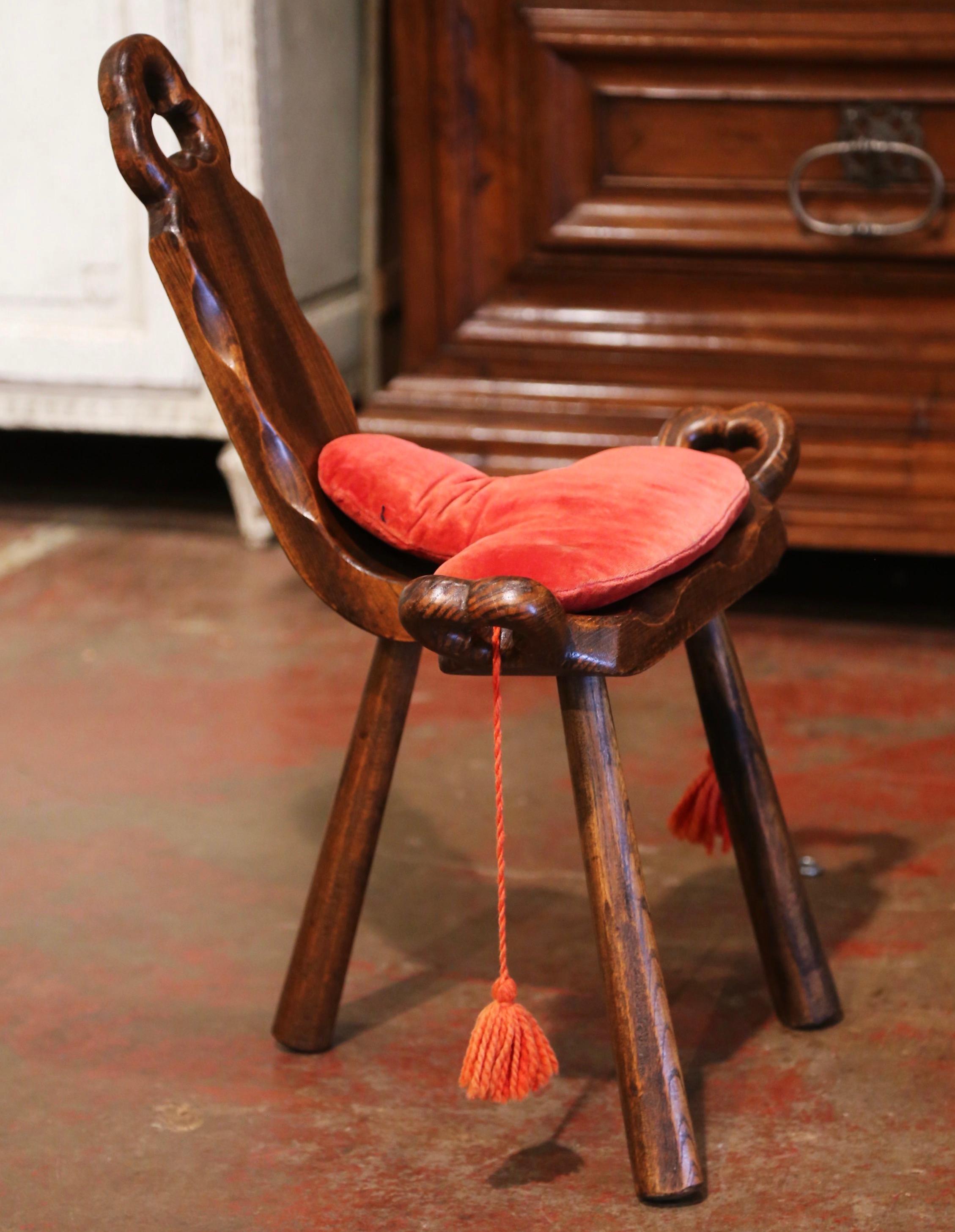 Unusual vintage French Carved Oak Stool with Back and Custom Velvet Cushion For Sale 1