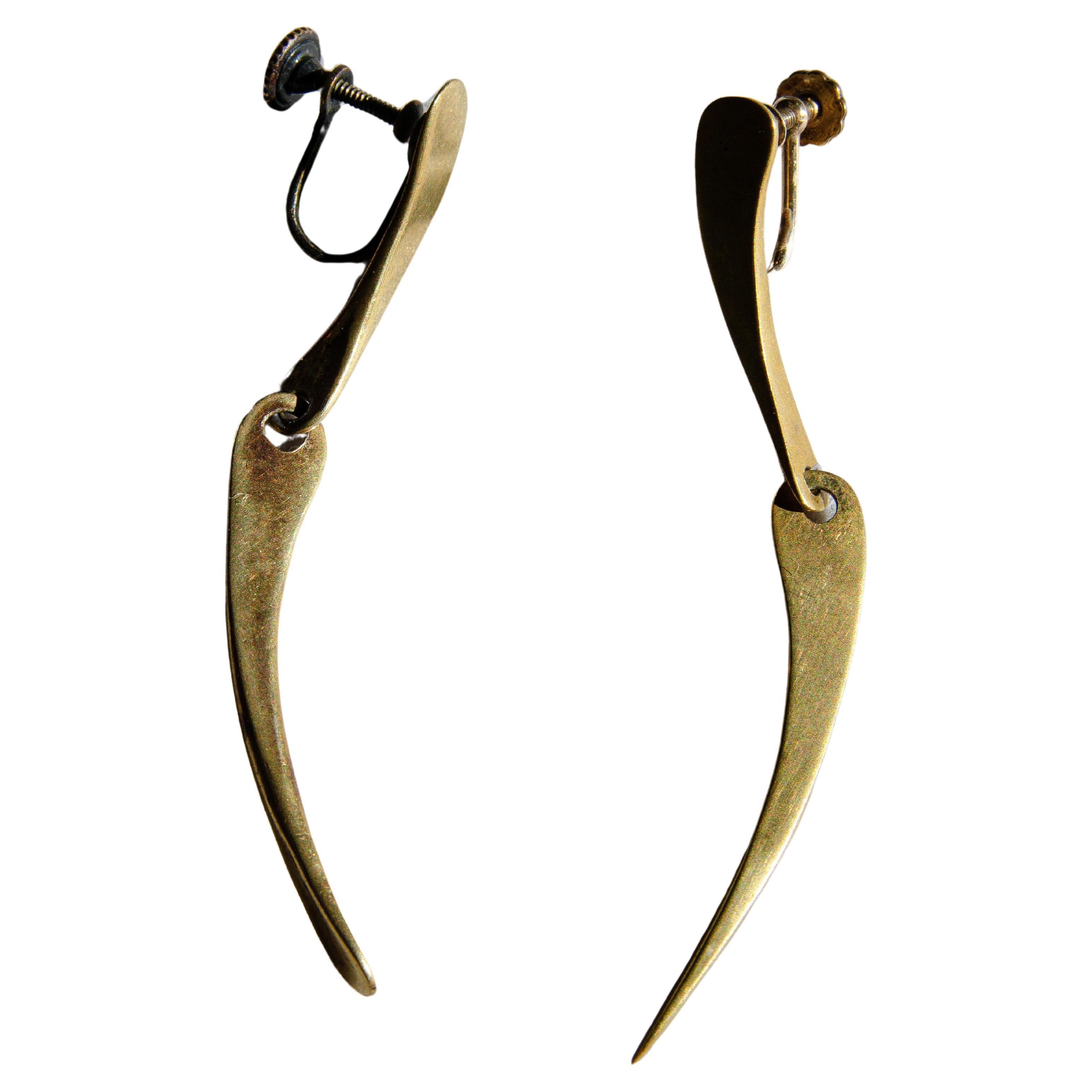 Unusual Vintage Mid-Century Modernist Brass Pendant Earrings By Art Smith