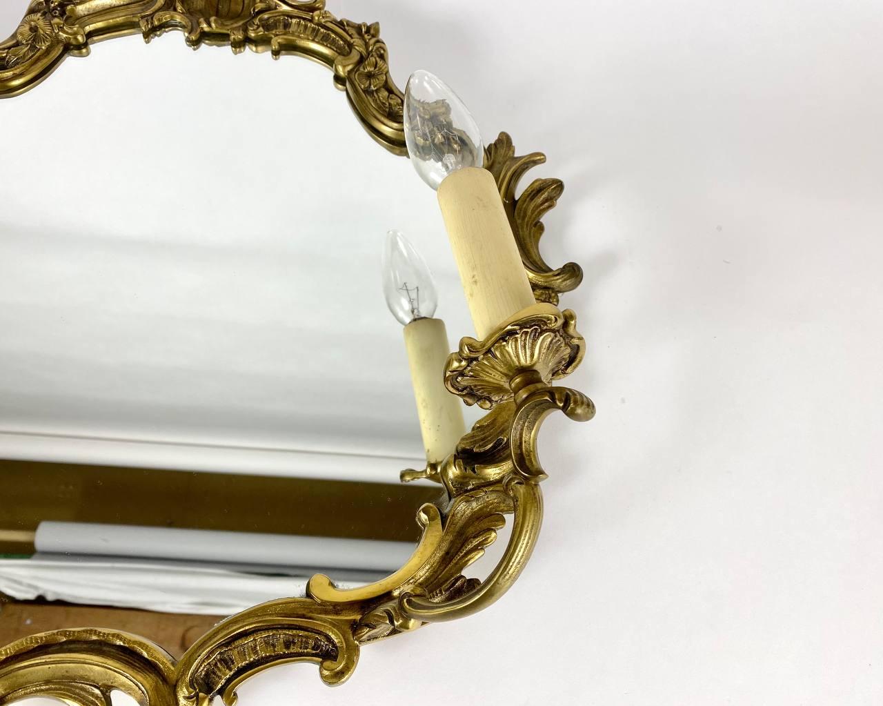 Baroque Unusual Vintage Mirror with Two Sconces Brass Framed Wall Mirror For Sale