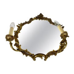 Unusual Vintage Mirror with Two Sconces Brass Framed Wall Mirror