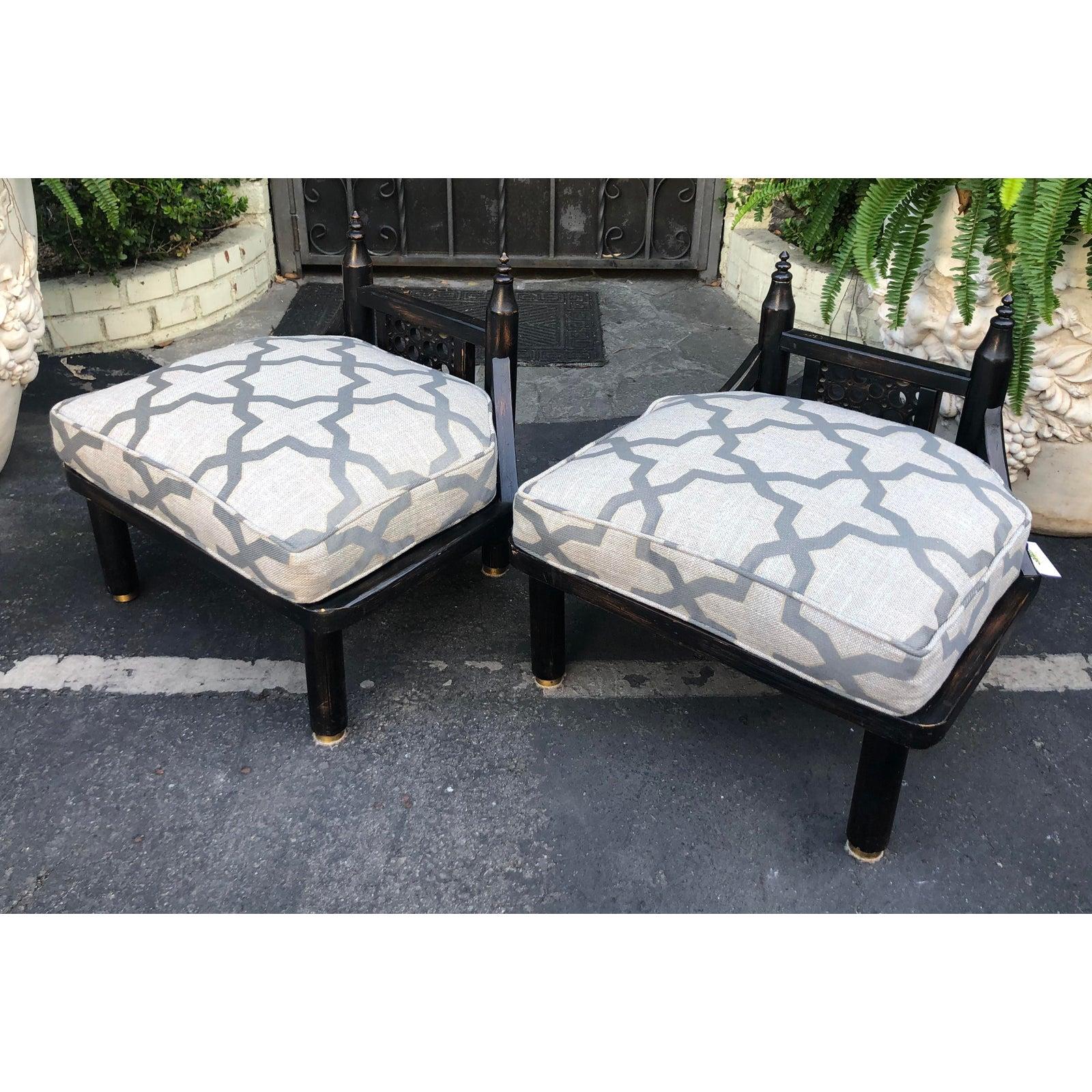 Unusual Vintage Ritts Co. Mid-Century Modern black chinoiserie low chairs.