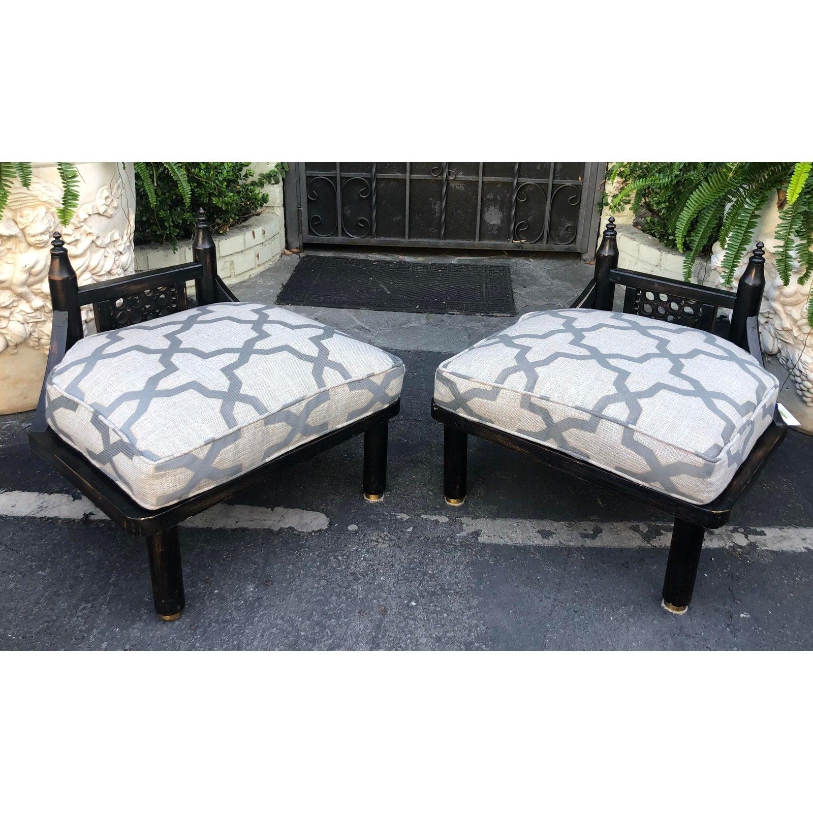 American Unusual Vintage Ritts Co. Mid-Century Modern Black Chinoiserie Low Chairs
