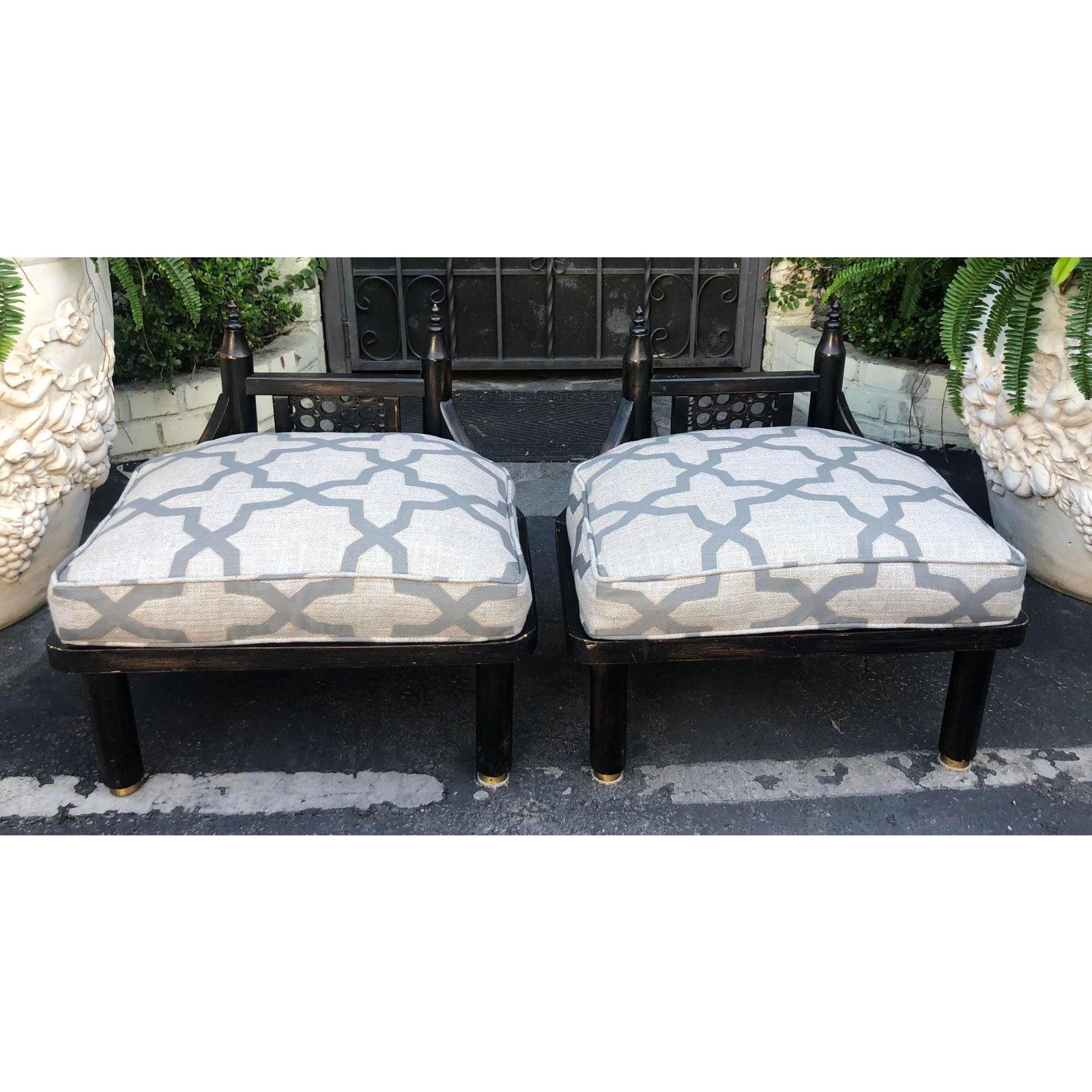 Unusual Vintage Ritts Co. Mid-Century Modern Black Chinoiserie Low Chairs In Good Condition In LOS ANGELES, CA