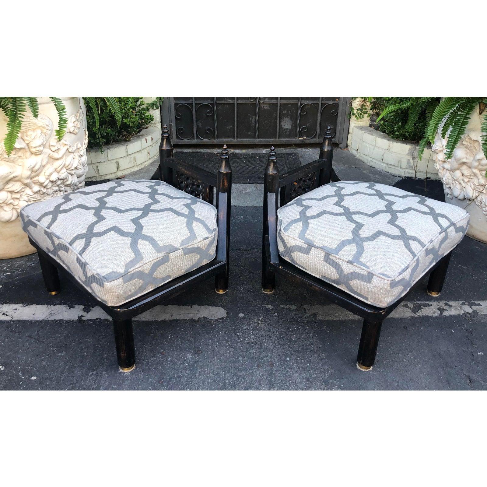 20th Century Unusual Vintage Ritts Co. Mid-Century Modern Black Chinoiserie Low Chairs