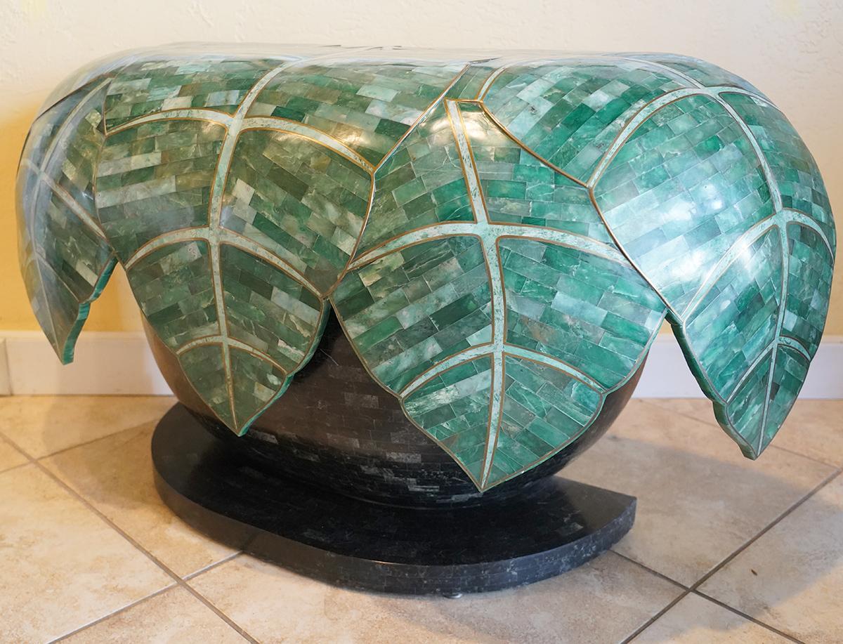 Mid-Century Modern Unusual Vintage Tessellated Jade Stone Console Table of Hanging Palm Leaves