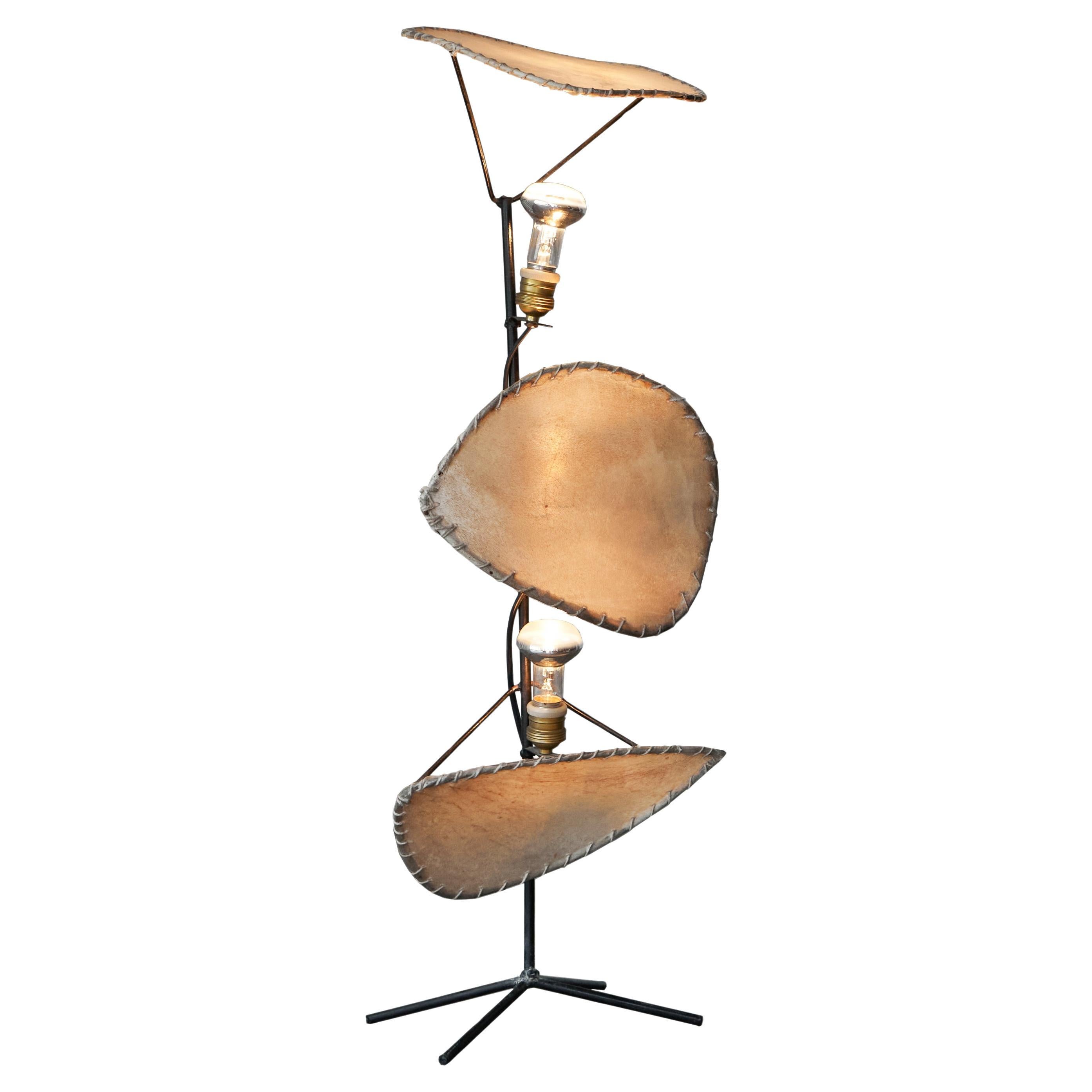 Unusual Wabi Sabi Table or Floor Lamp in Wrought Iron and Parchment 1960s