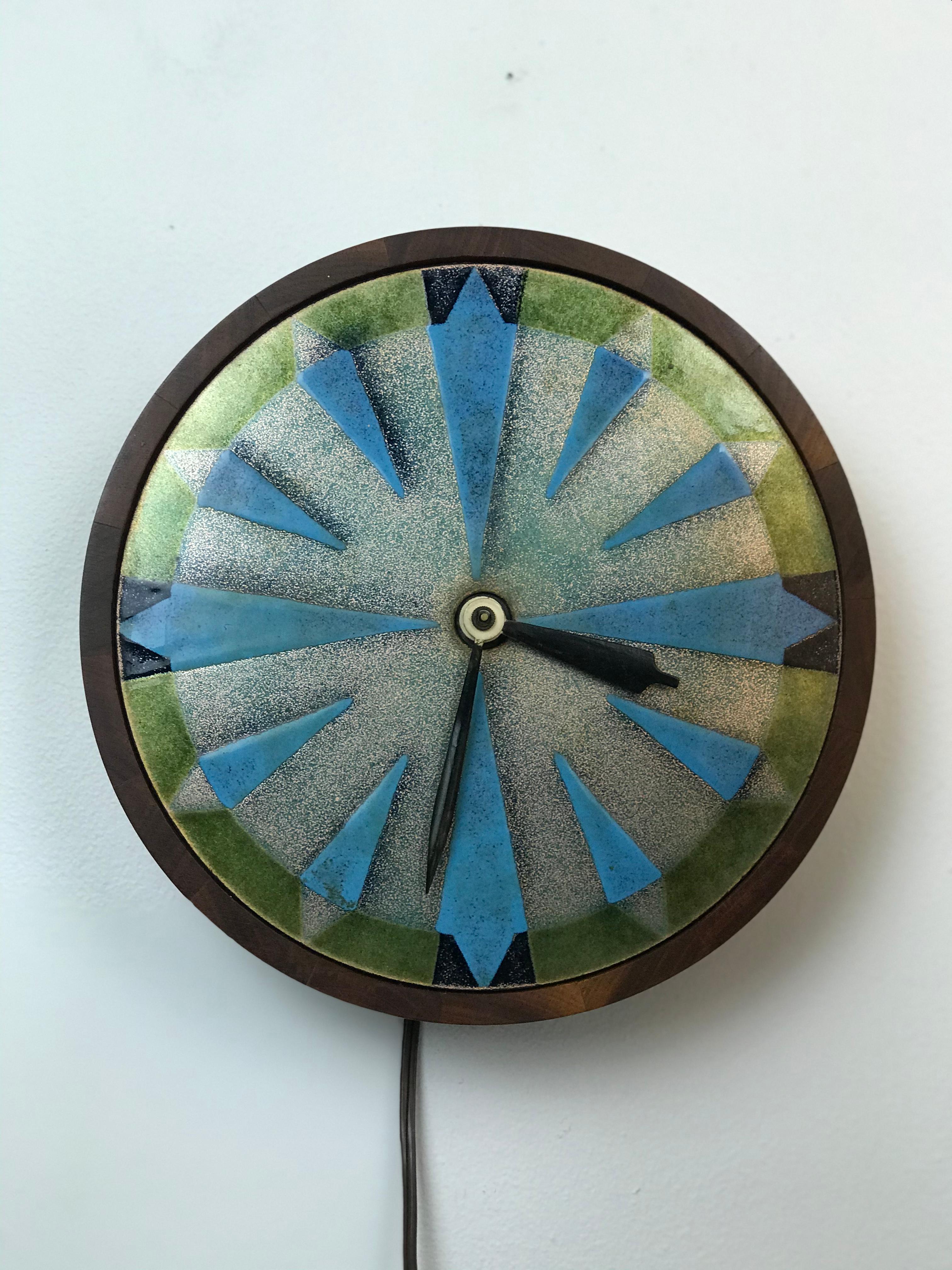 American Unusual Wall Clock in Enamel Copper and Walnut by Judith Daner, 1960s