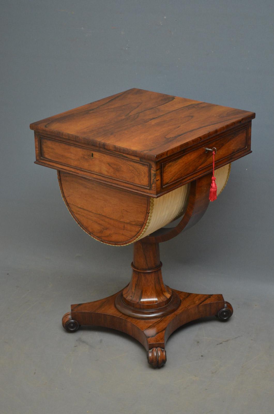 Sn582 Excellent and very unusual William IV sewing table in rosewood, having three dummy drawers to frieze and one drawer which opens to reveal writing section with black leather and pen compartment above a silk pleated box below for sewing