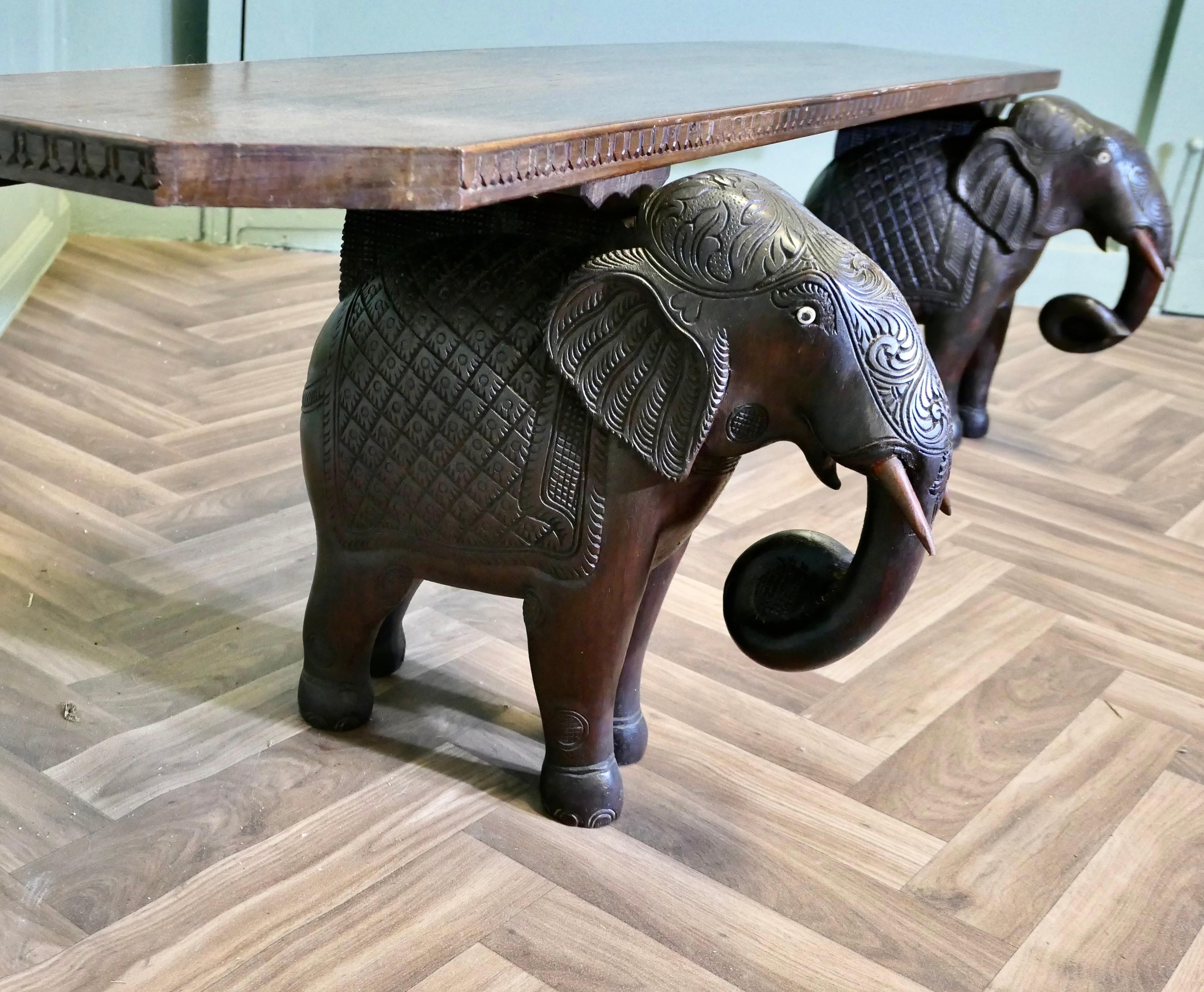 Anglo Raj Unusual Window Seat or Hall Bench with Carved Elephants  This is a lovely piece For Sale
