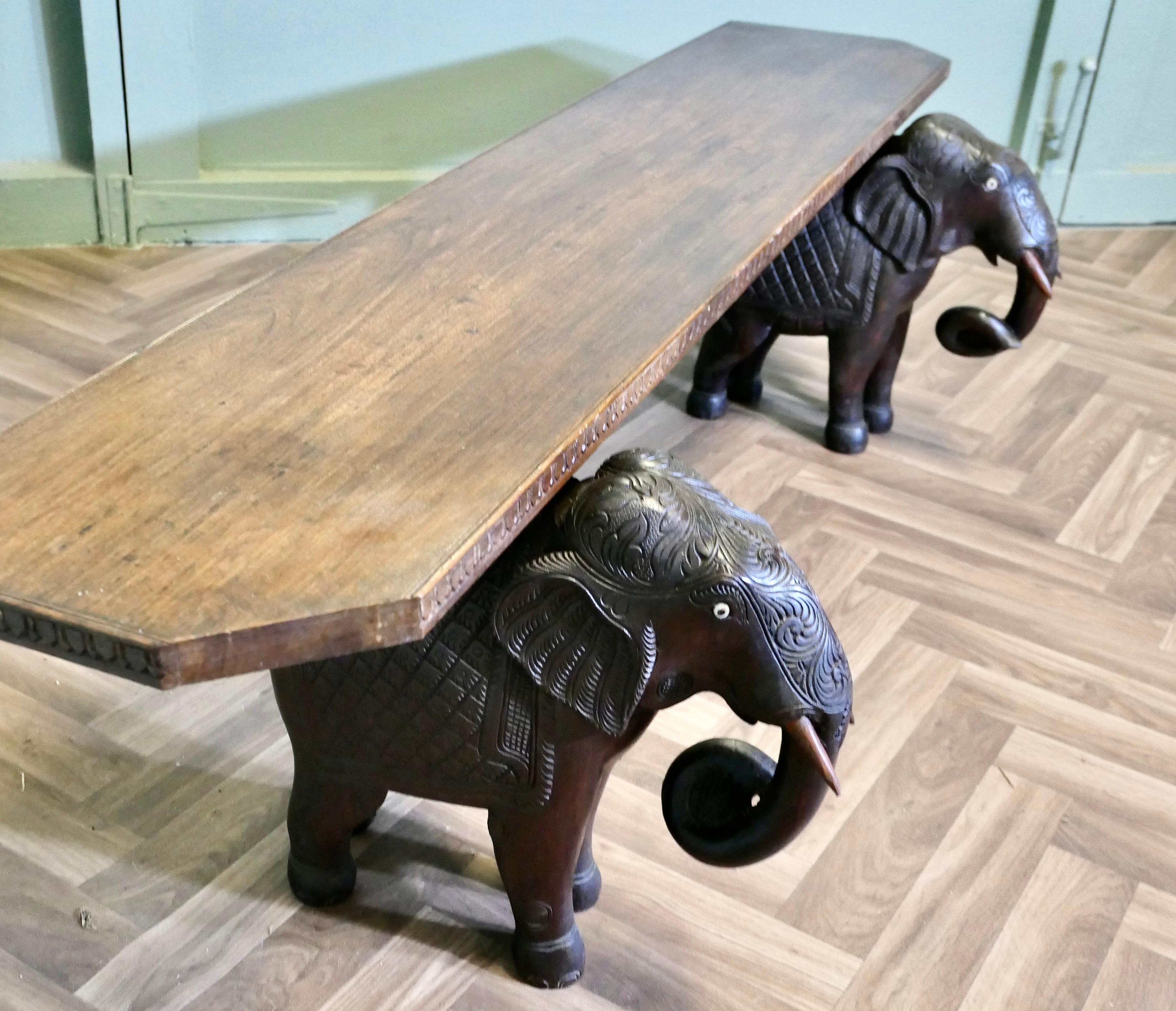 Early 20th Century Unusual Window Seat or Hall Bench with Carved Elephants  This is a lovely piece For Sale