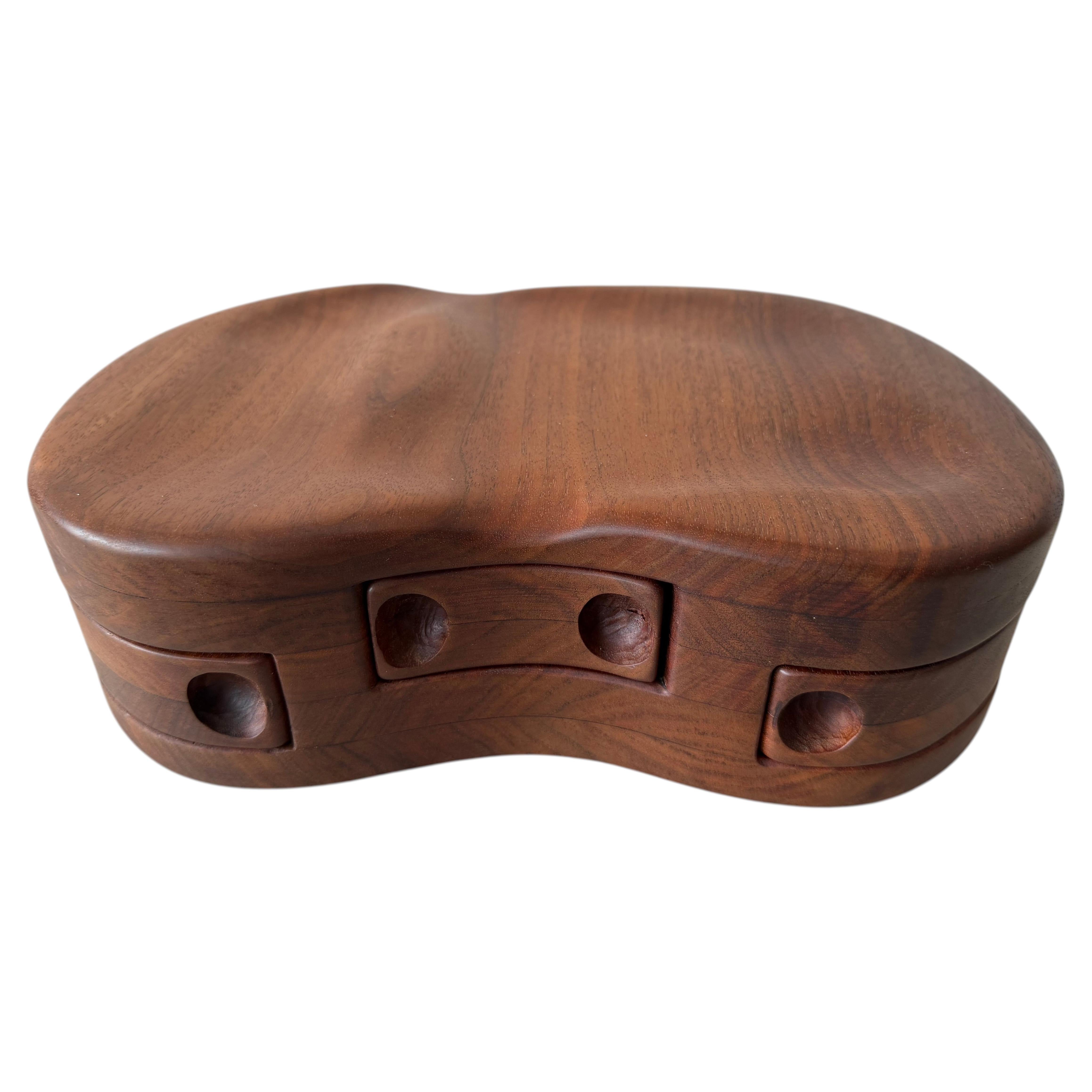 Unusual Wood Craft Jewelry Box Walnut Pull Out Drawers ca' 1970's For Sale