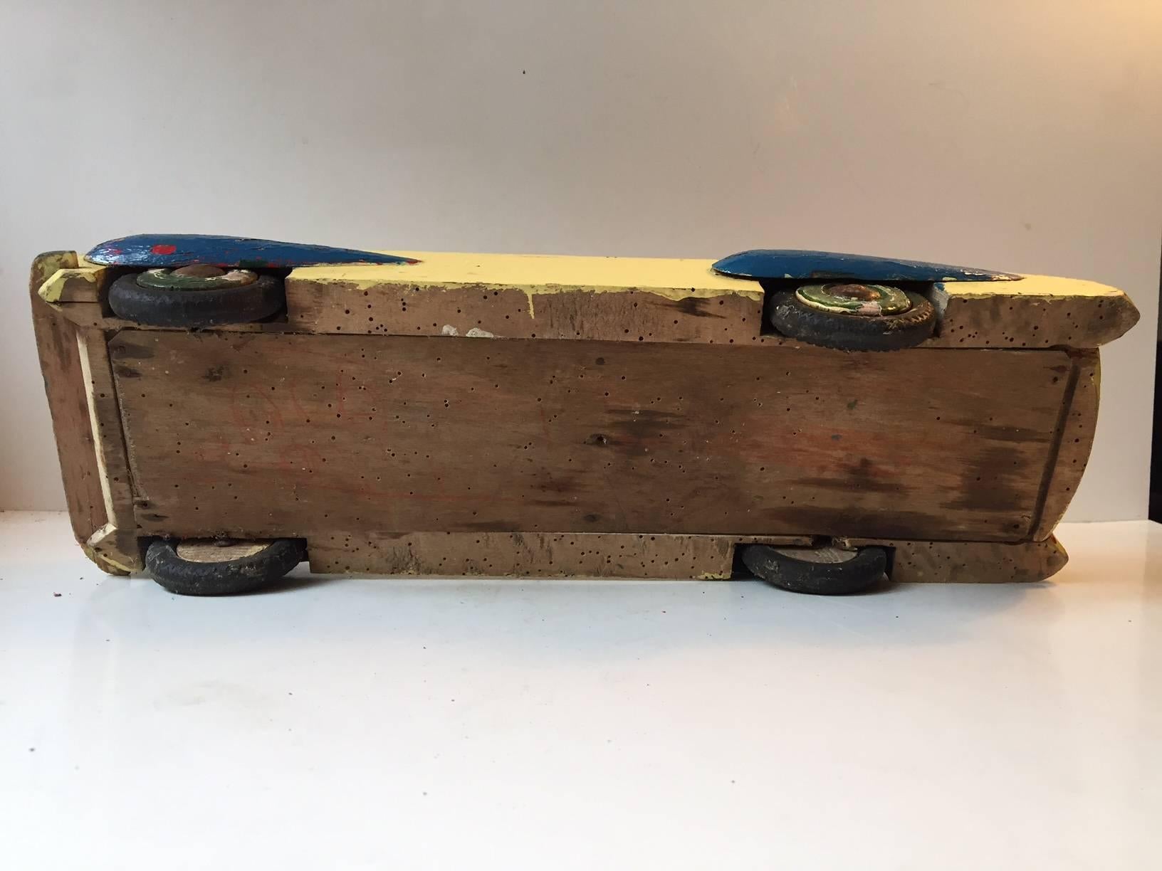 Painted Unusual Wooden Streamline Toy Car with Dunlop Tires, Scandinavia, 1930s For Sale