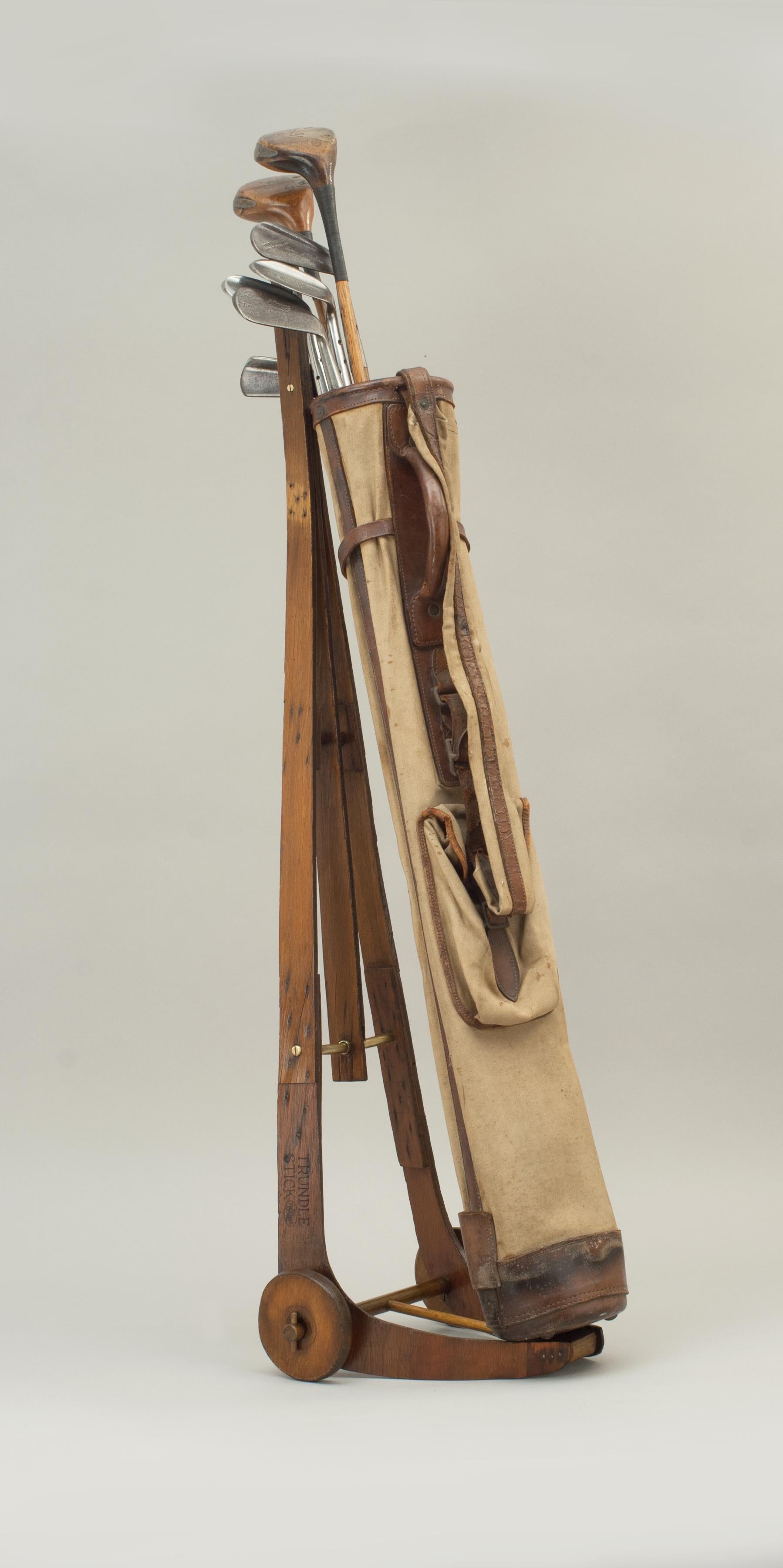 Sporting Art Unusual Wooden Trolley, Golf Club Carrier, Caddy Stand for Golf Bag, Antique