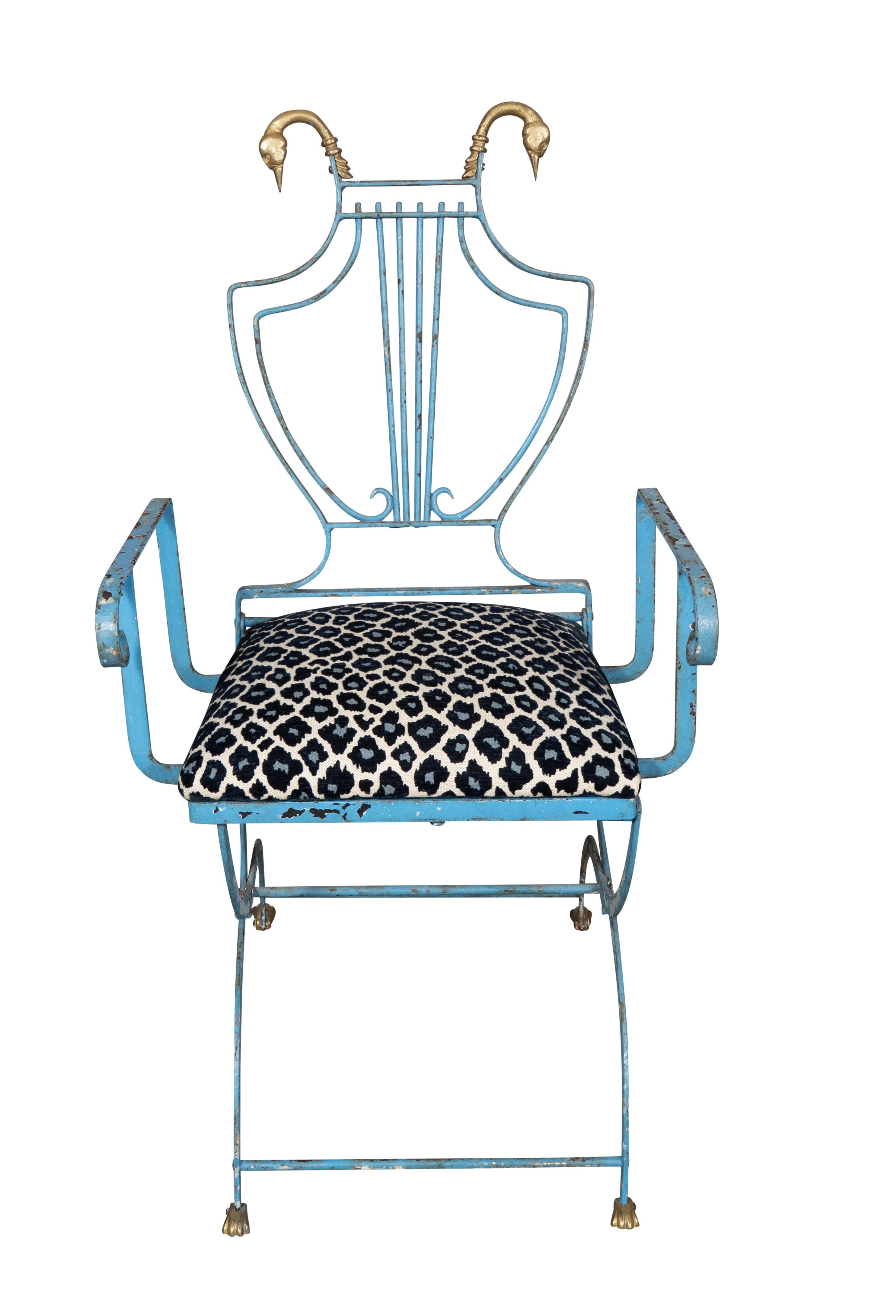 Neoclassical Revival Unusual Wrought Iron And Brass Armchair For Sale